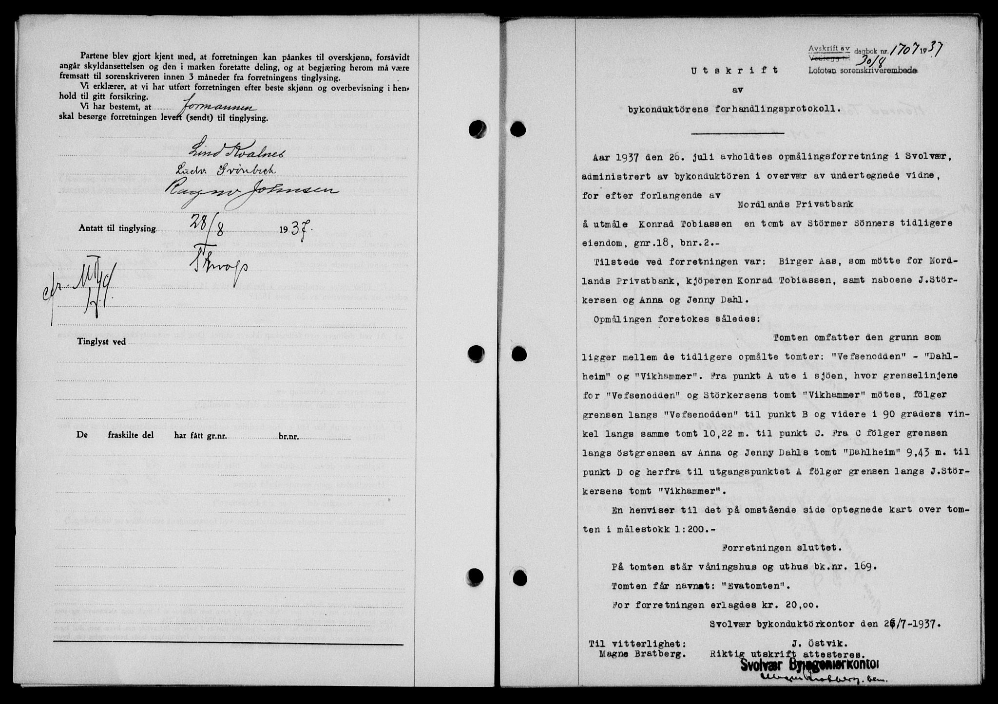 Lofoten sorenskriveri, SAT/A-0017/1/2/2C/L0002a: Mortgage book no. 2a, 1937-1937, Diary no: : 1707/1937