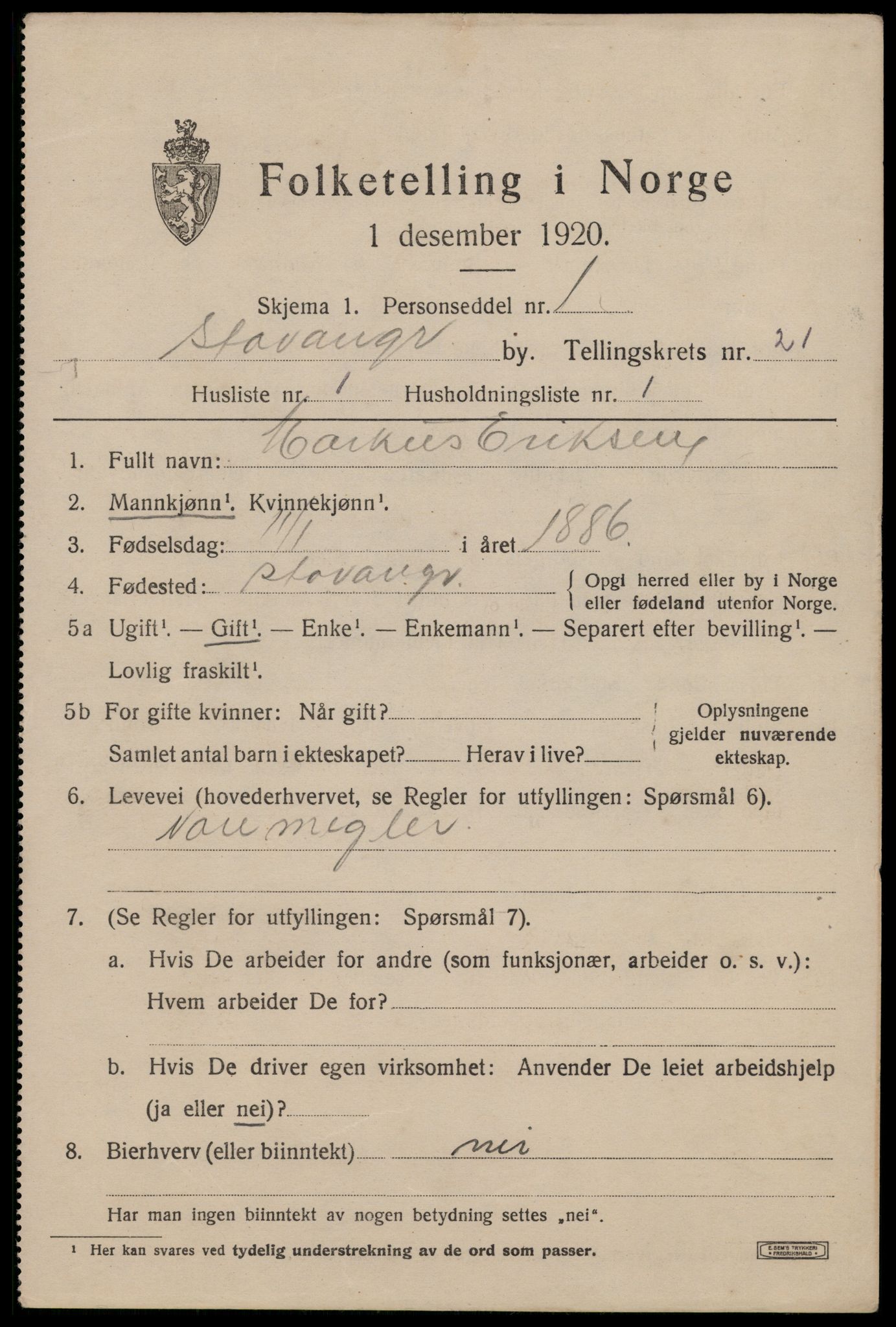 SAST, 1920 census for Stavanger, 1920, p. 72022