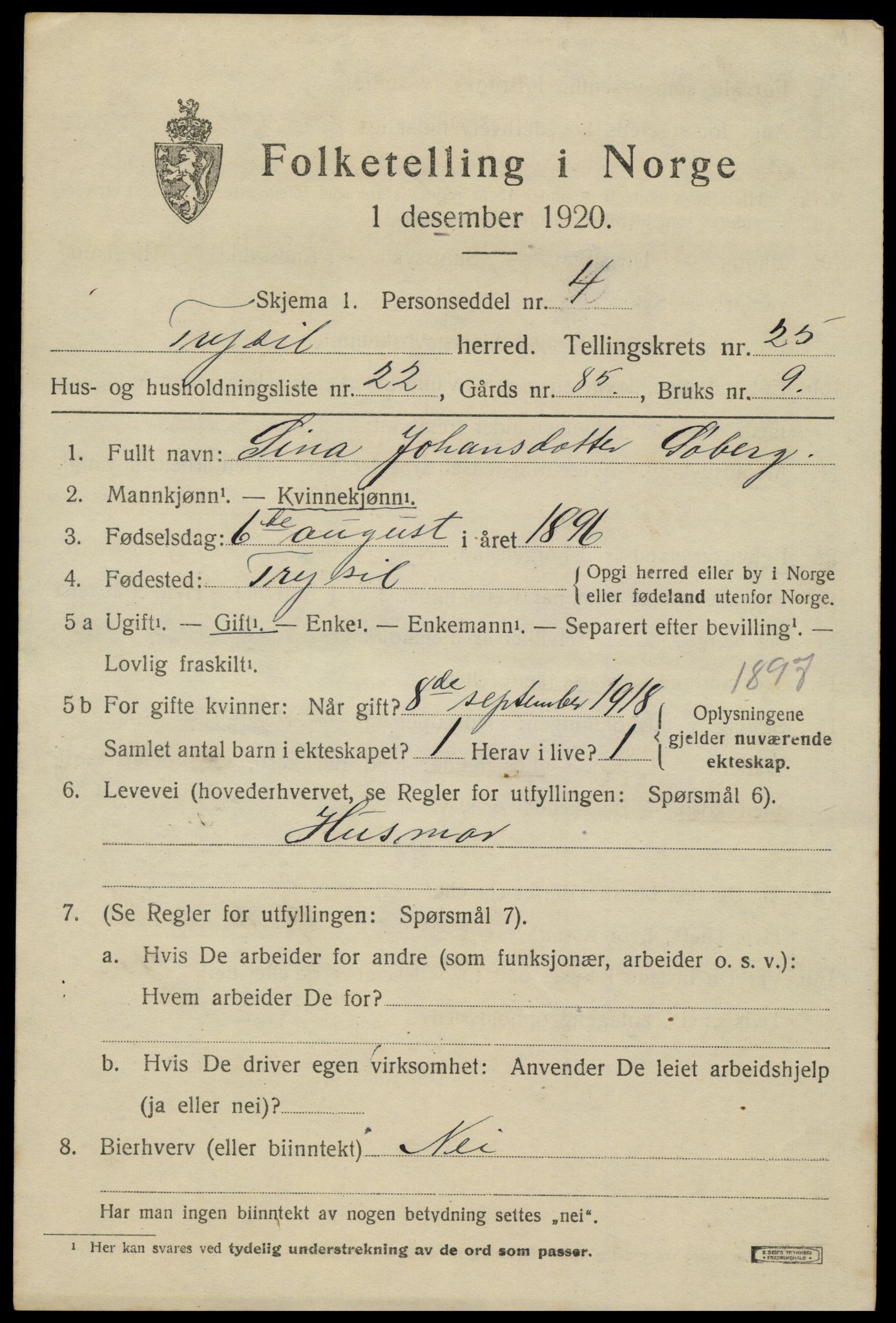 SAH, 1920 census for Trysil, 1920, p. 15957