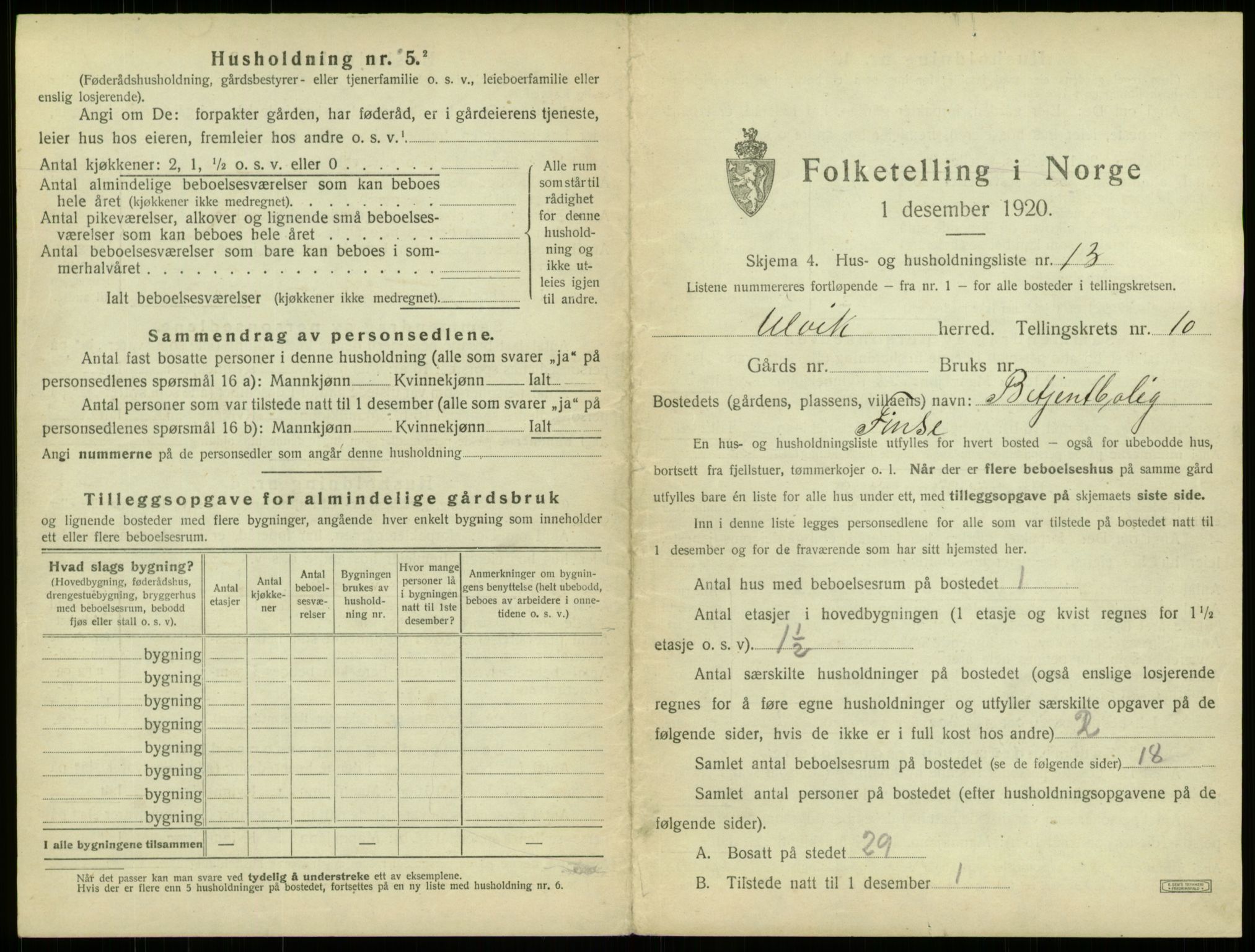 SAB, 1920 census for Ulvik, 1920, p. 75