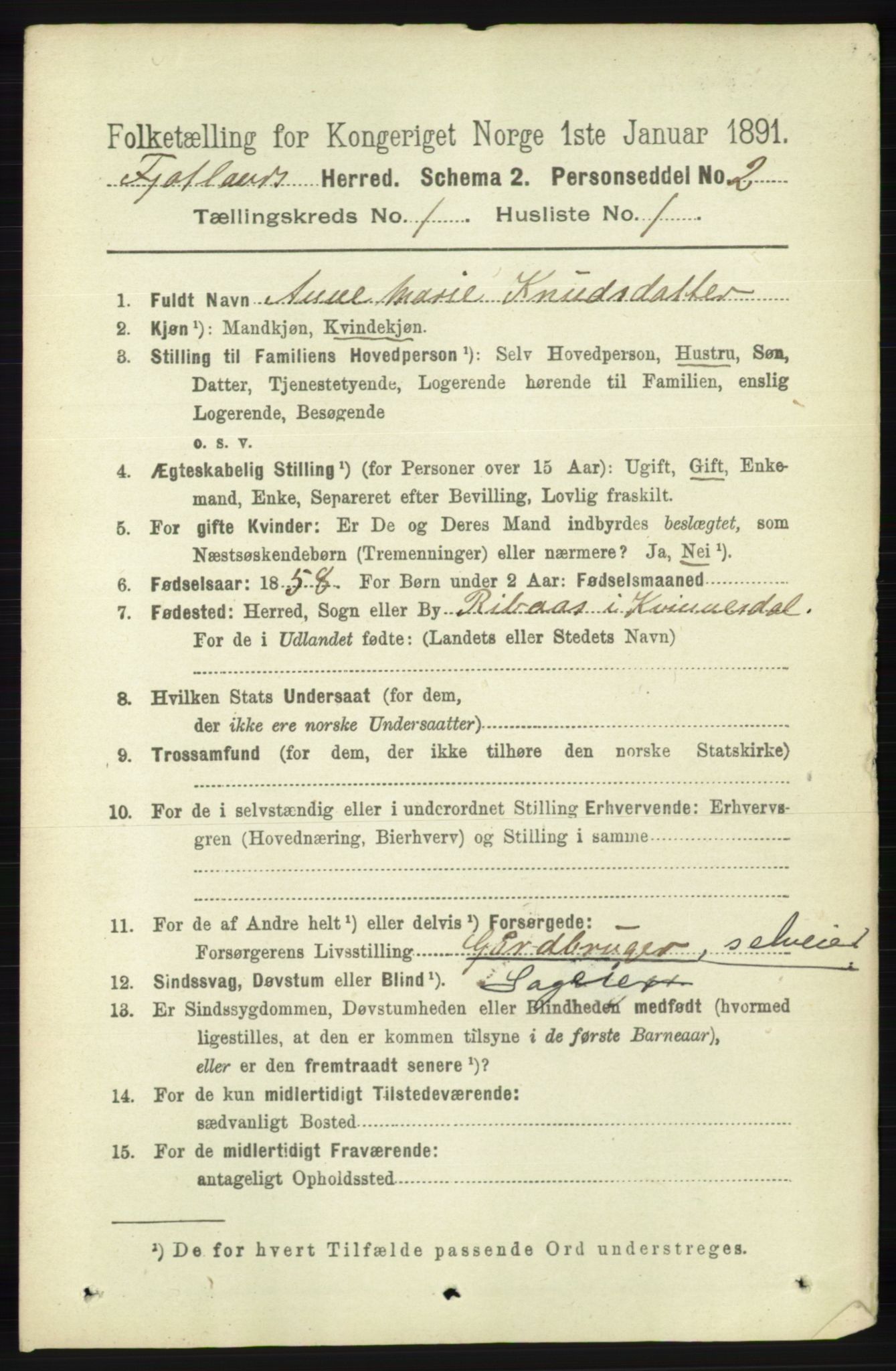 RA, 1891 census for 1036 Fjotland, 1891, p. 52