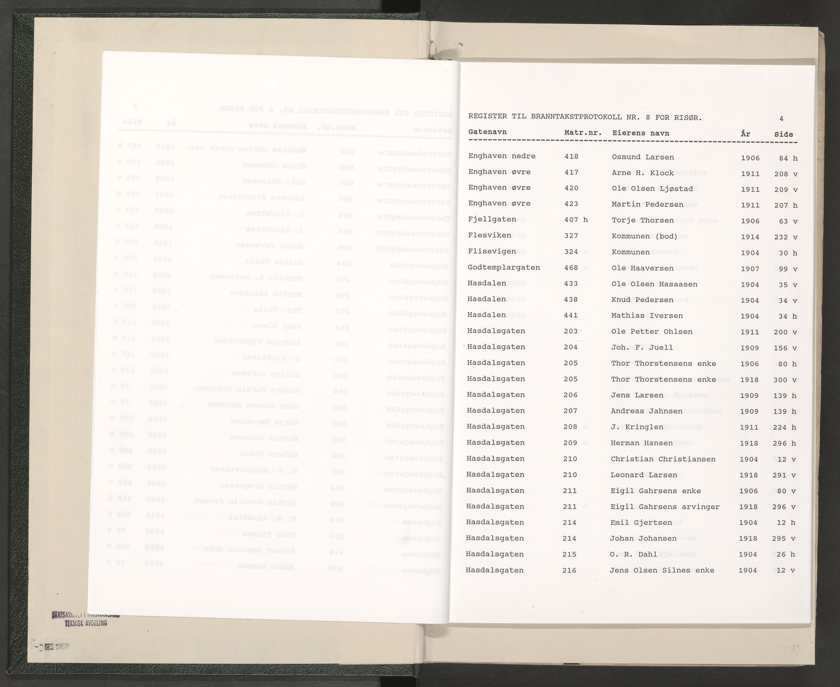 Norges Brannkasse Risør, AV/SAK-2241-0043/F/Fa/L0011: Branntakstprotokoll nr. 8 med gatenavnsregister, 1904-1918