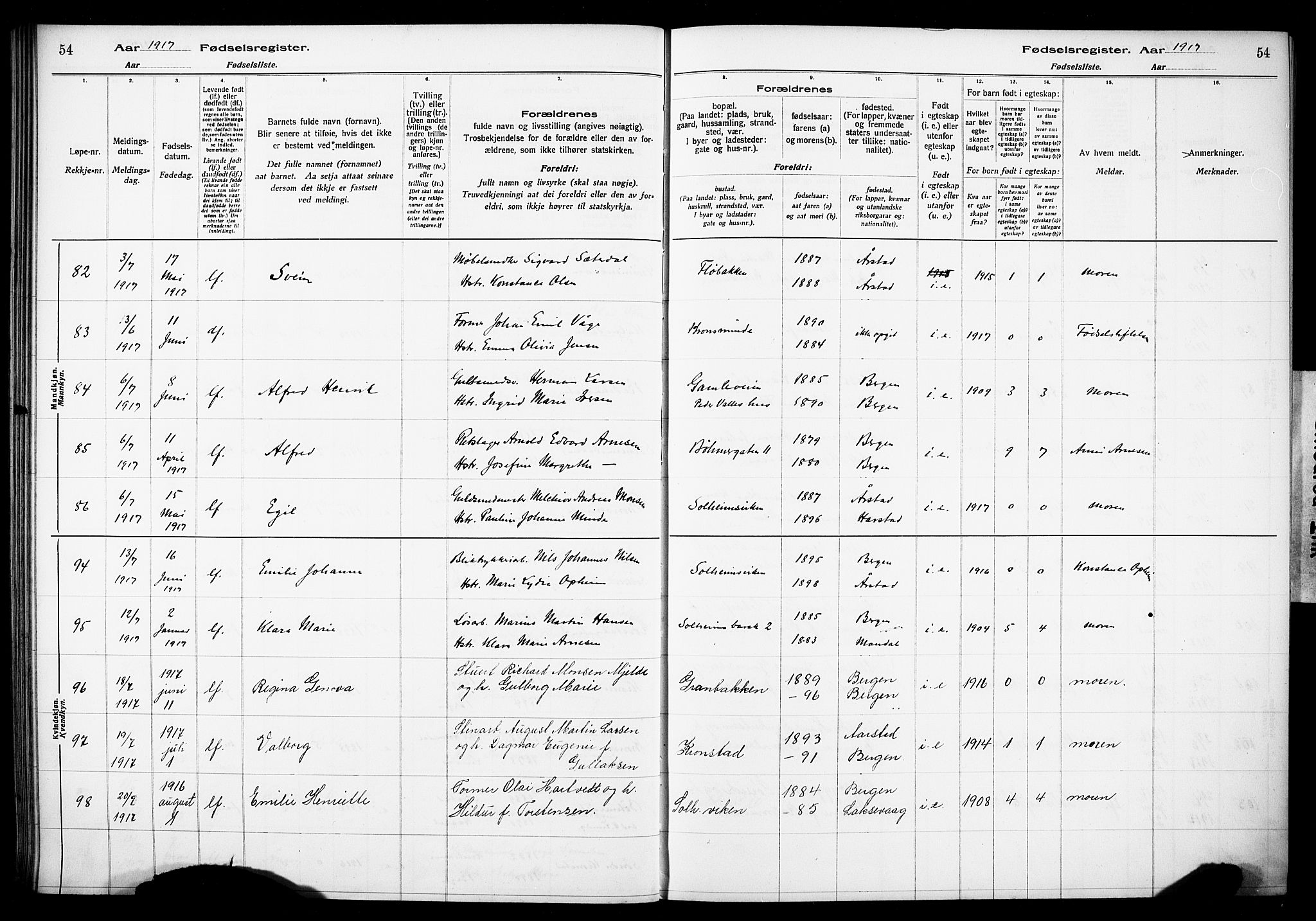 Årstad Sokneprestembete, AV/SAB-A-79301/I/Id/L0A01: Birth register no. A 1, 1916-1920, p. 54