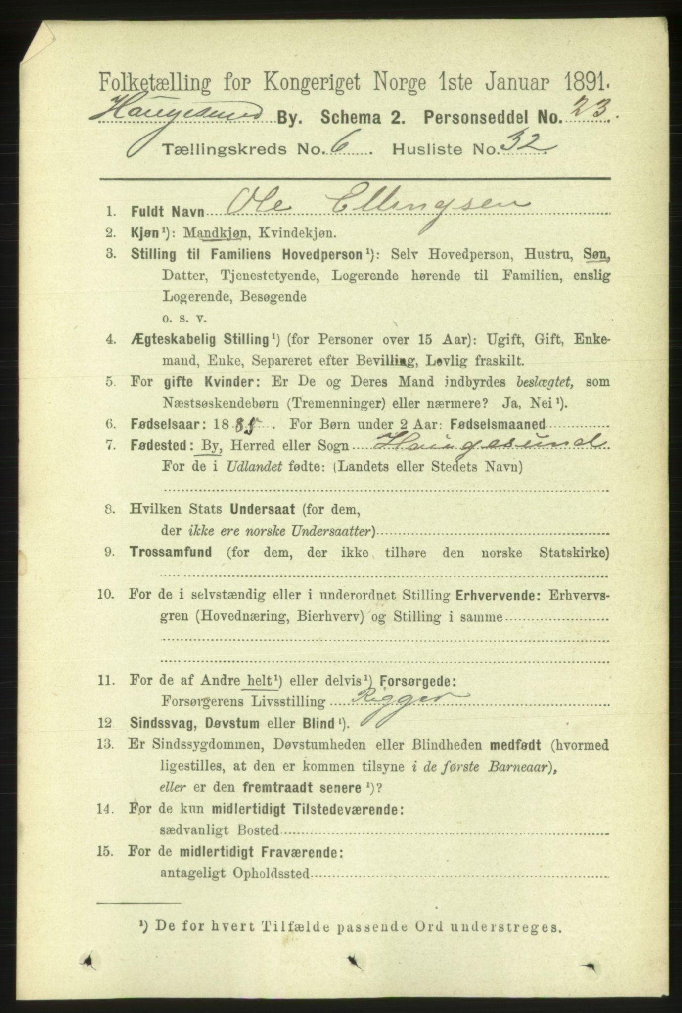 RA, 1891 census for 1106 Haugesund, 1891, p. 2920