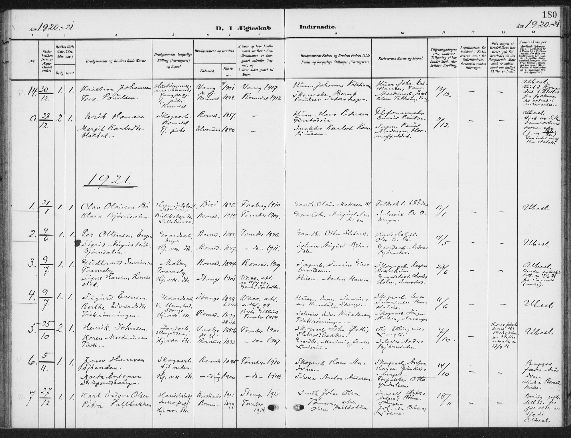 Romedal prestekontor, AV/SAH-PREST-004/K/L0009: Parish register (official) no. 9, 1906-1929, p. 180