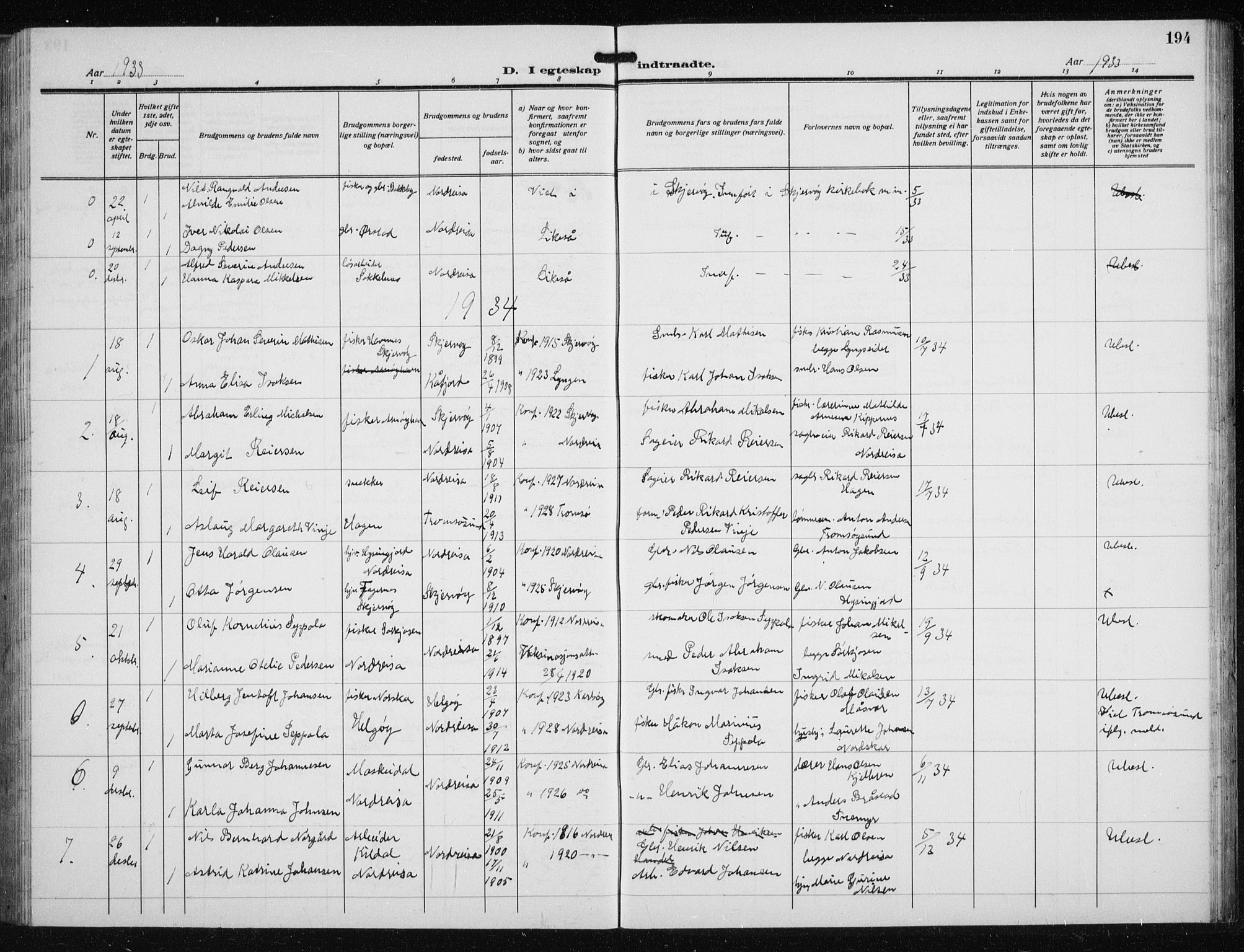 Skjervøy sokneprestkontor, SATØ/S-1300/H/Ha/Hab/L0023klokker: Parish register (copy) no. 23, 1927-1943, p. 194