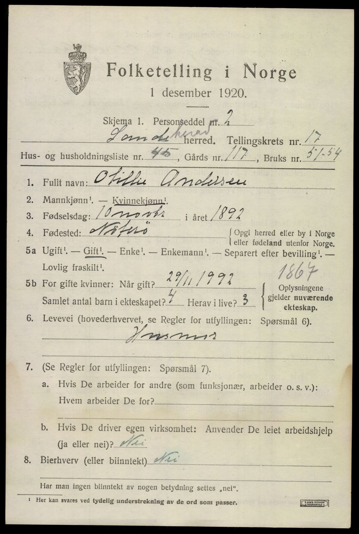 SAKO, 1920 census for Sandeherred, 1920, p. 19842