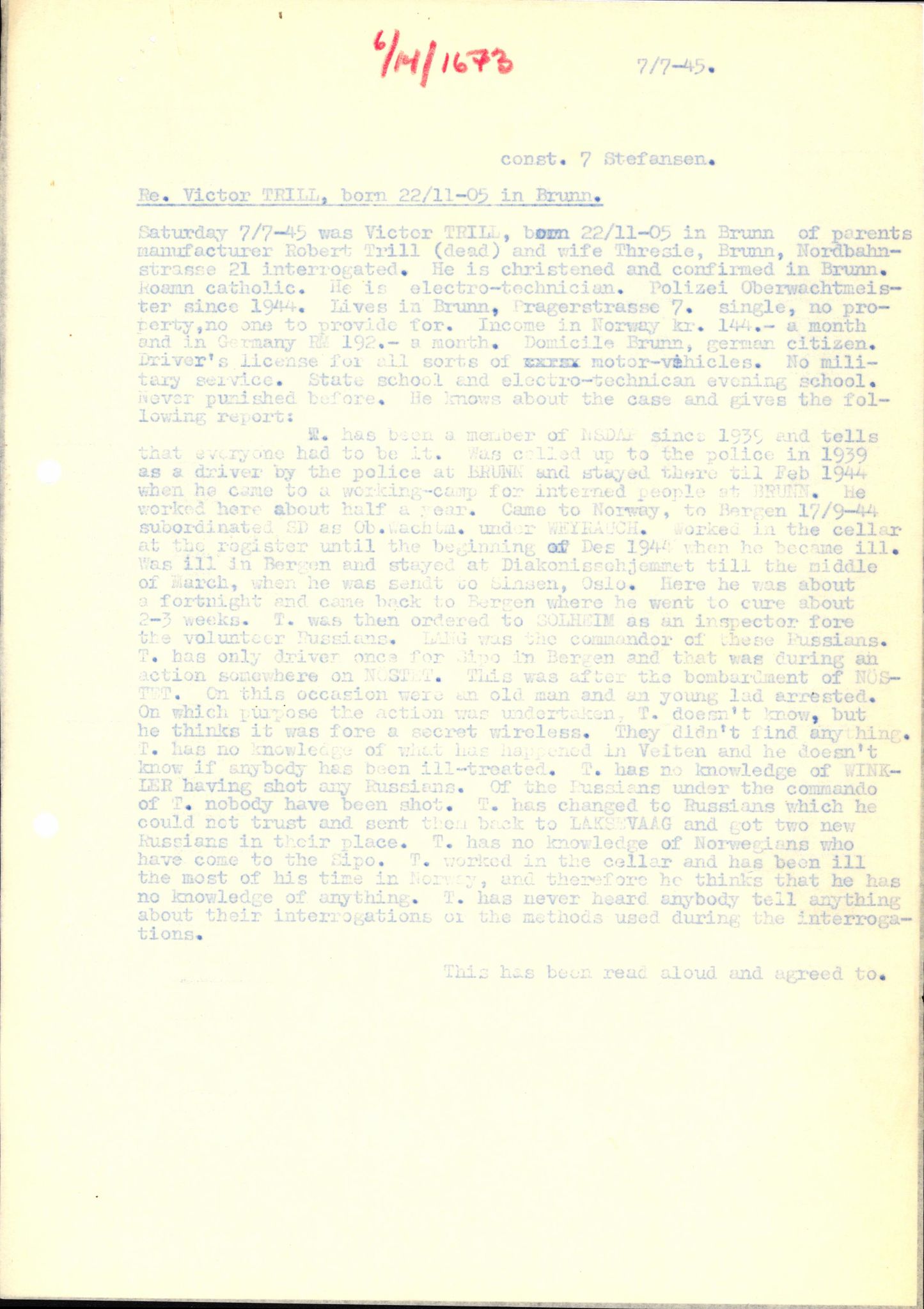 Forsvaret, Forsvarets overkommando II, AV/RA-RAFA-3915/D/Db/L0034: CI Questionaires. Tyske okkupasjonsstyrker i Norge. Tyskere., 1945-1946, p. 88