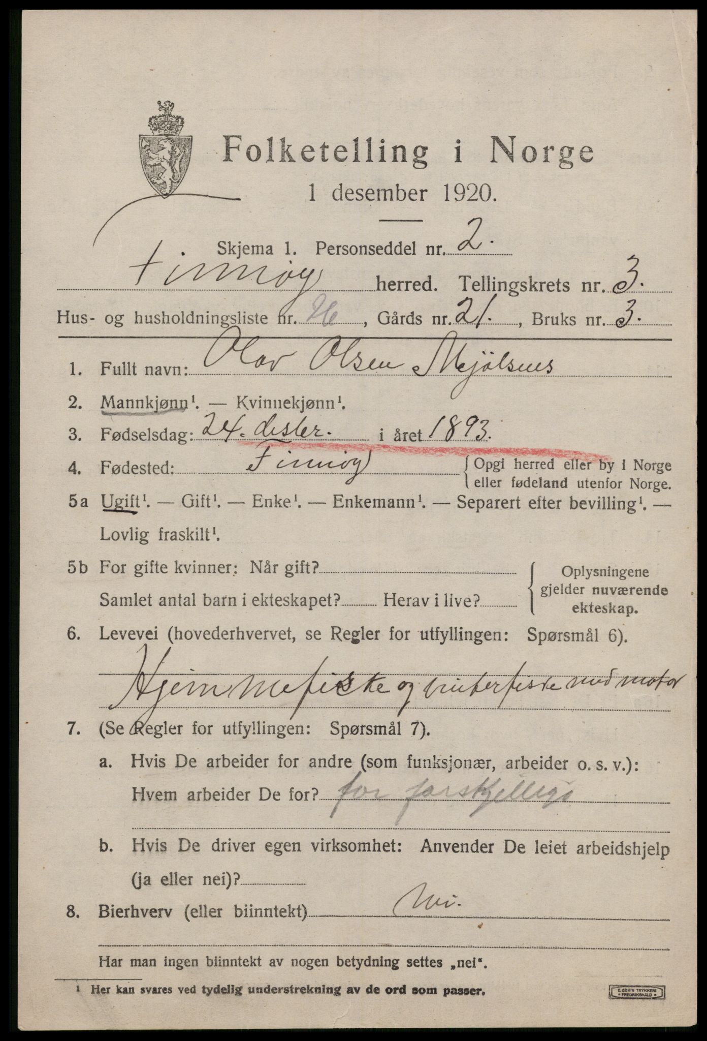 SAST, 1920 census for Finnøy, 1920, p. 2460