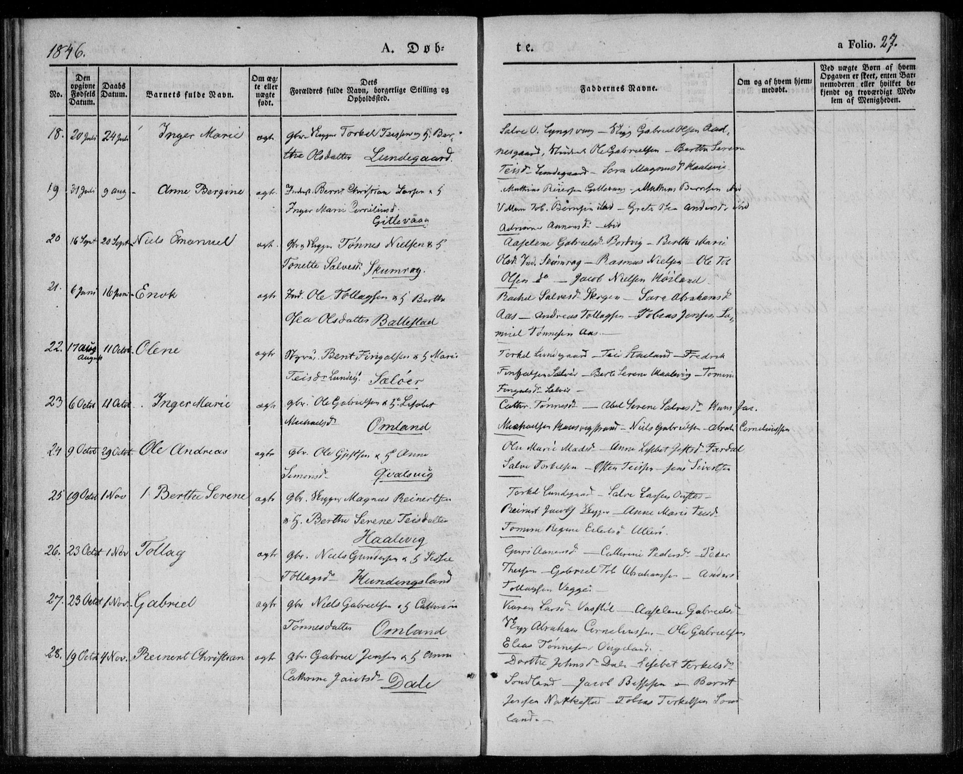 Lyngdal sokneprestkontor, SAK/1111-0029/F/Fa/Faa/L0001: Parish register (official) no. A 1, 1837-1857, p. 27