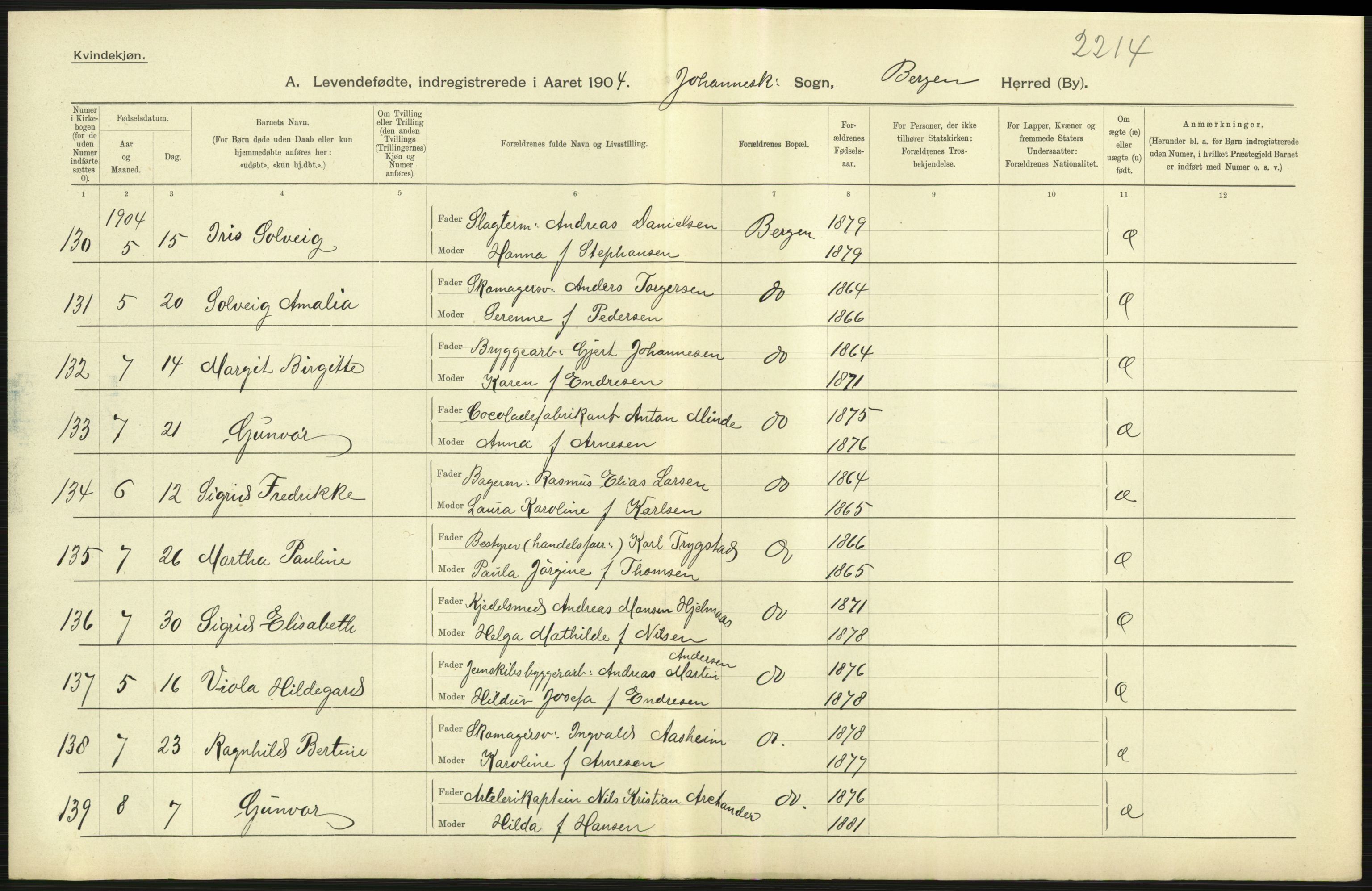 Statistisk sentralbyrå, Sosiodemografiske emner, Befolkning, AV/RA-S-2228/D/Df/Dfa/Dfab/L0014: Bergen: Fødte, gifte, døde, 1904, p. 17