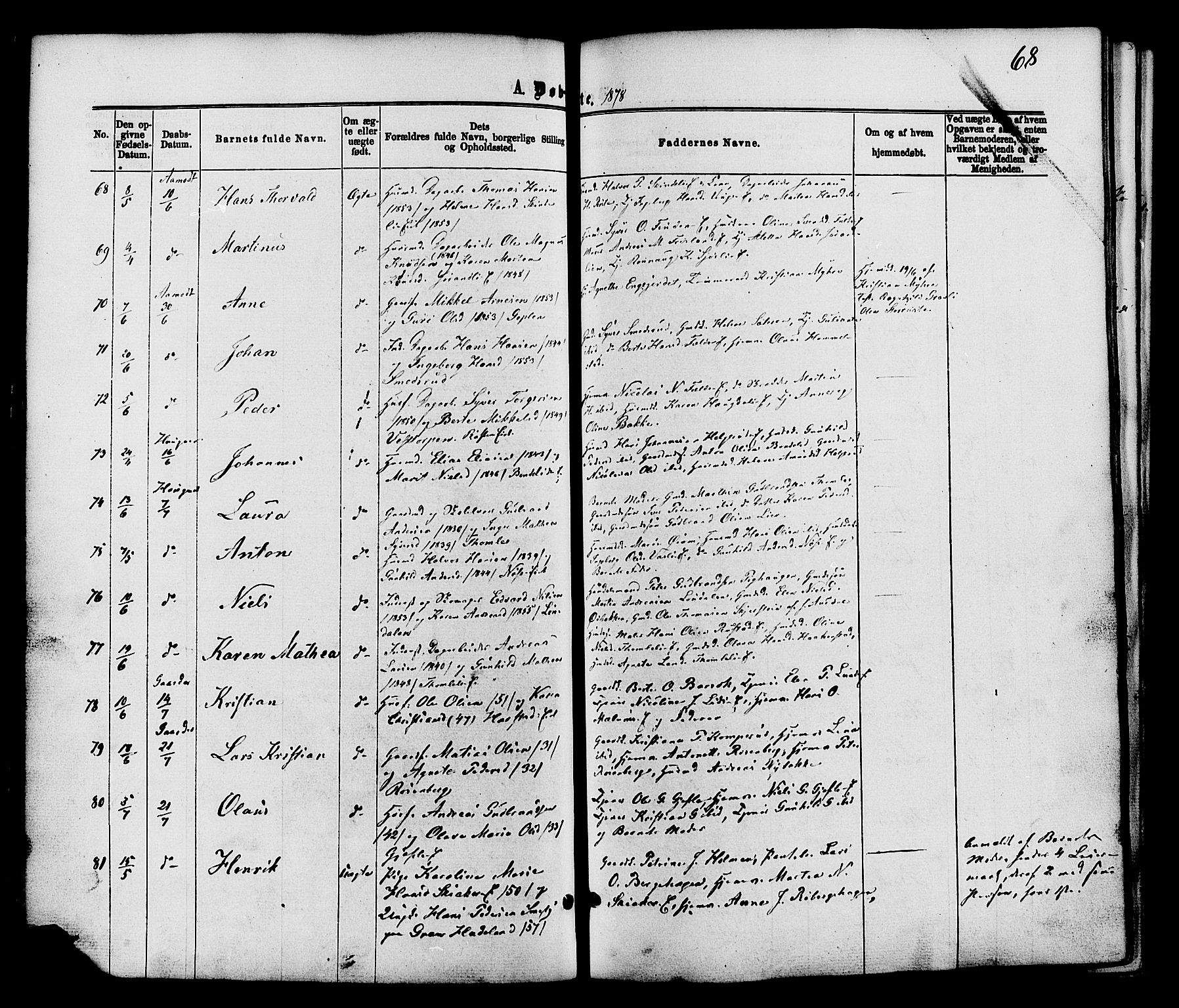 Nordre Land prestekontor, AV/SAH-PREST-124/H/Ha/Haa/L0002: Parish register (official) no. 2, 1872-1881, p. 68