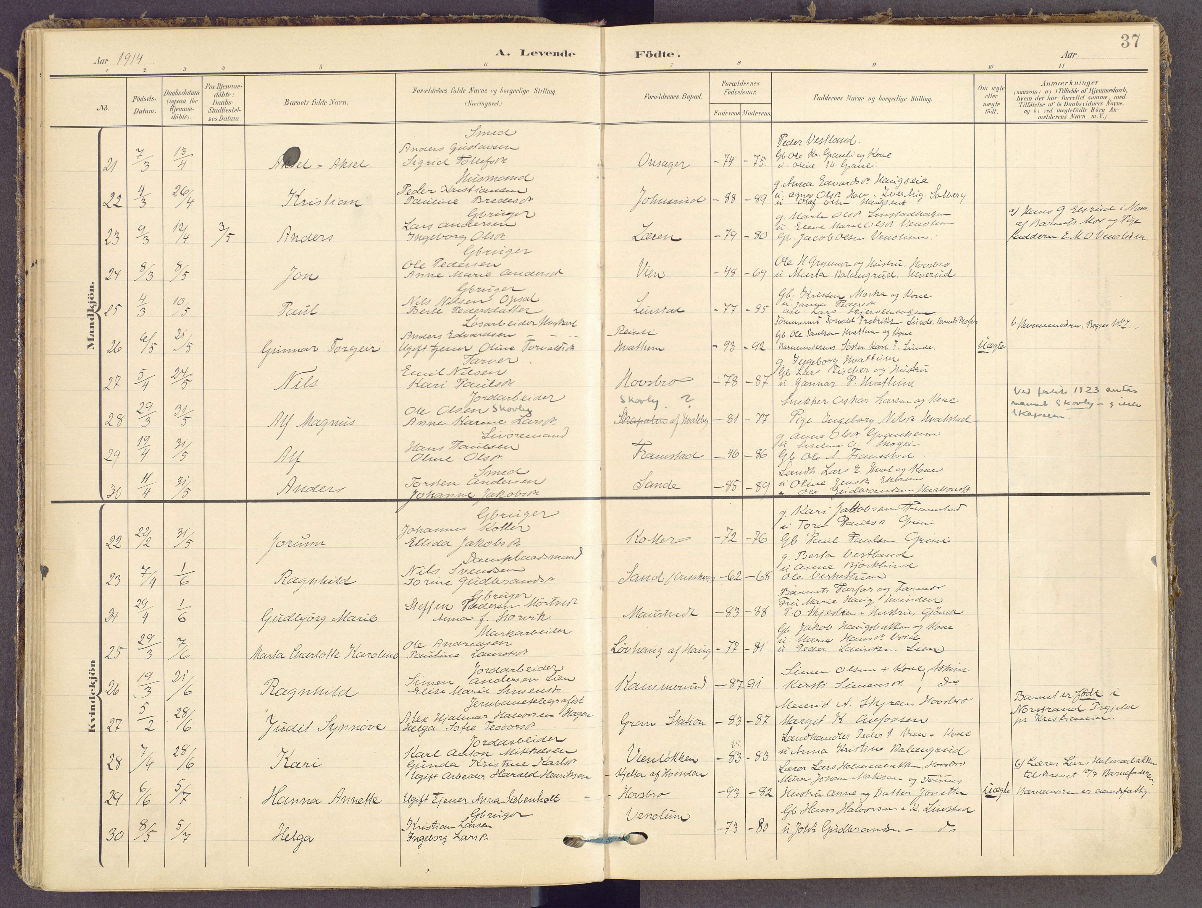 Gran prestekontor, SAH/PREST-112/H/Ha/Haa/L0021: Parish register (official) no. 21, 1908-1932, p. 37