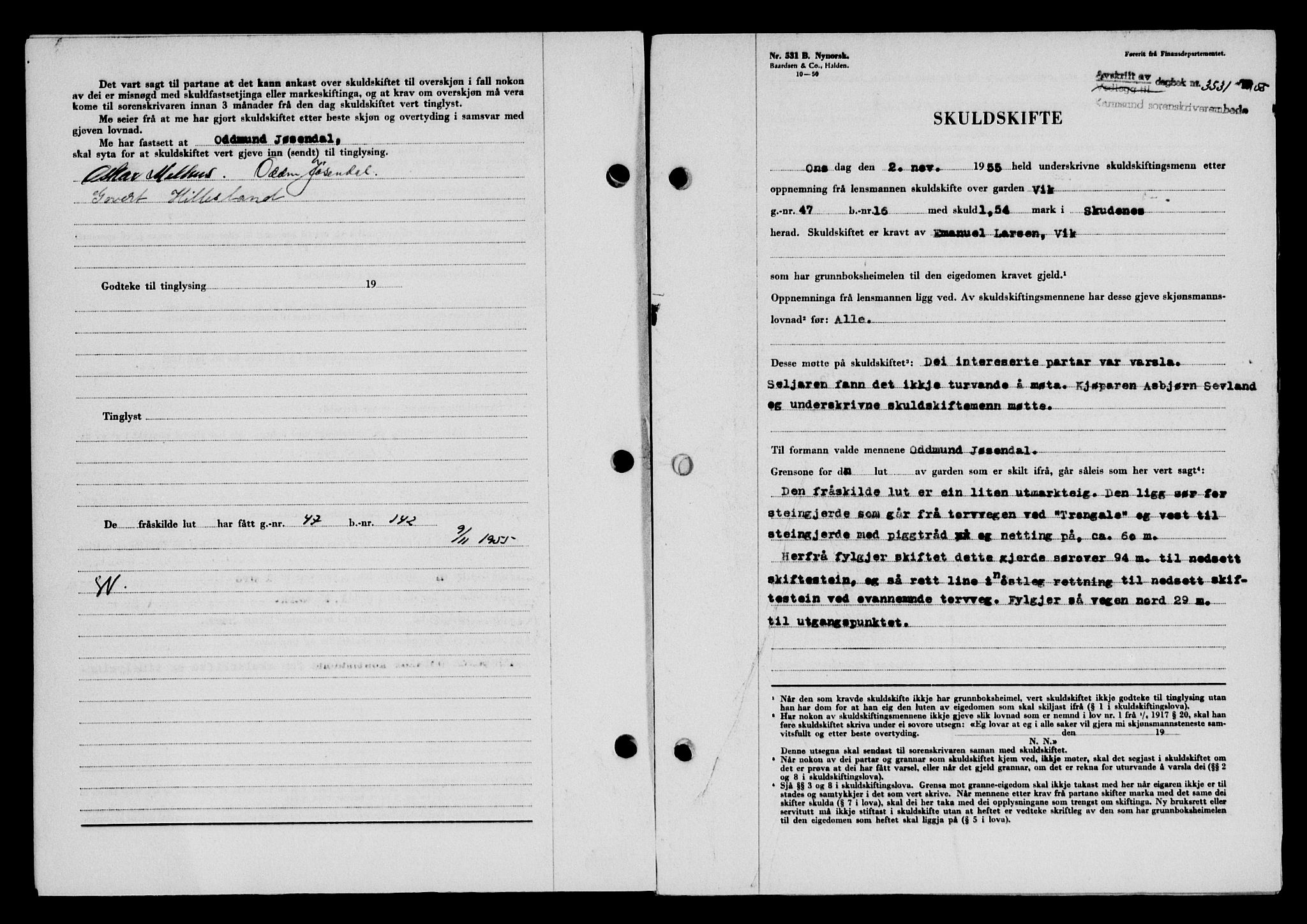 Karmsund sorenskriveri, SAST/A-100311/01/II/IIB/L0117: Mortgage book no. 97Aa, 1955-1955, Diary no: : 3531/1955