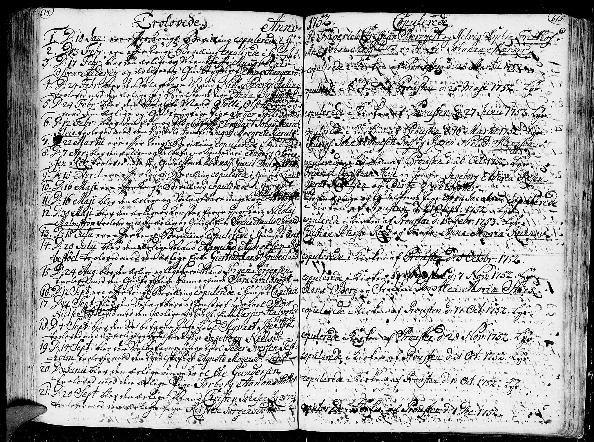 Kristiansand domprosti, SAK/1112-0006/F/Fa/L0001: Parish register (official) no. A 1, 1734-1793, p. 614-615