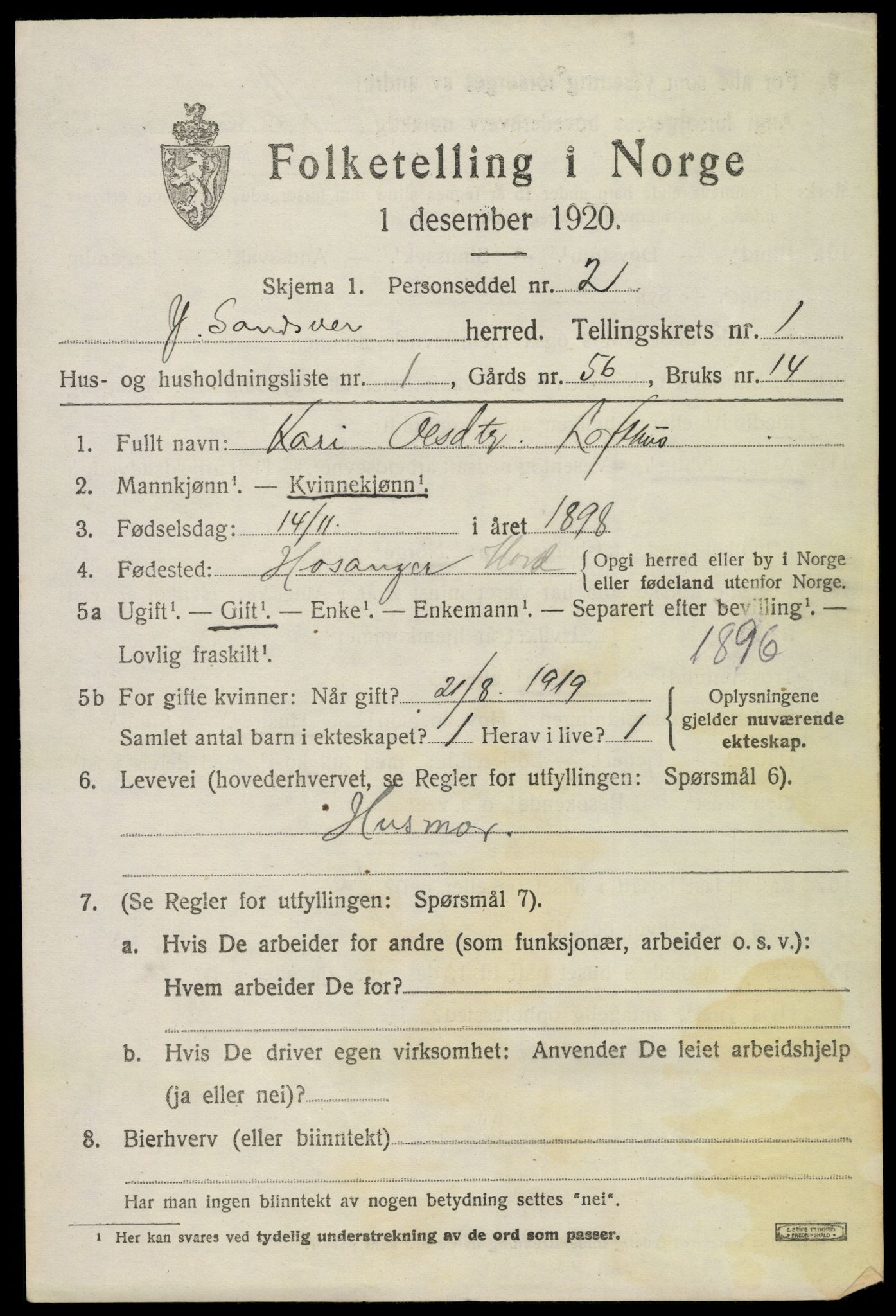 SAKO, 1920 census for Ytre Sandsvær, 1920, p. 1220