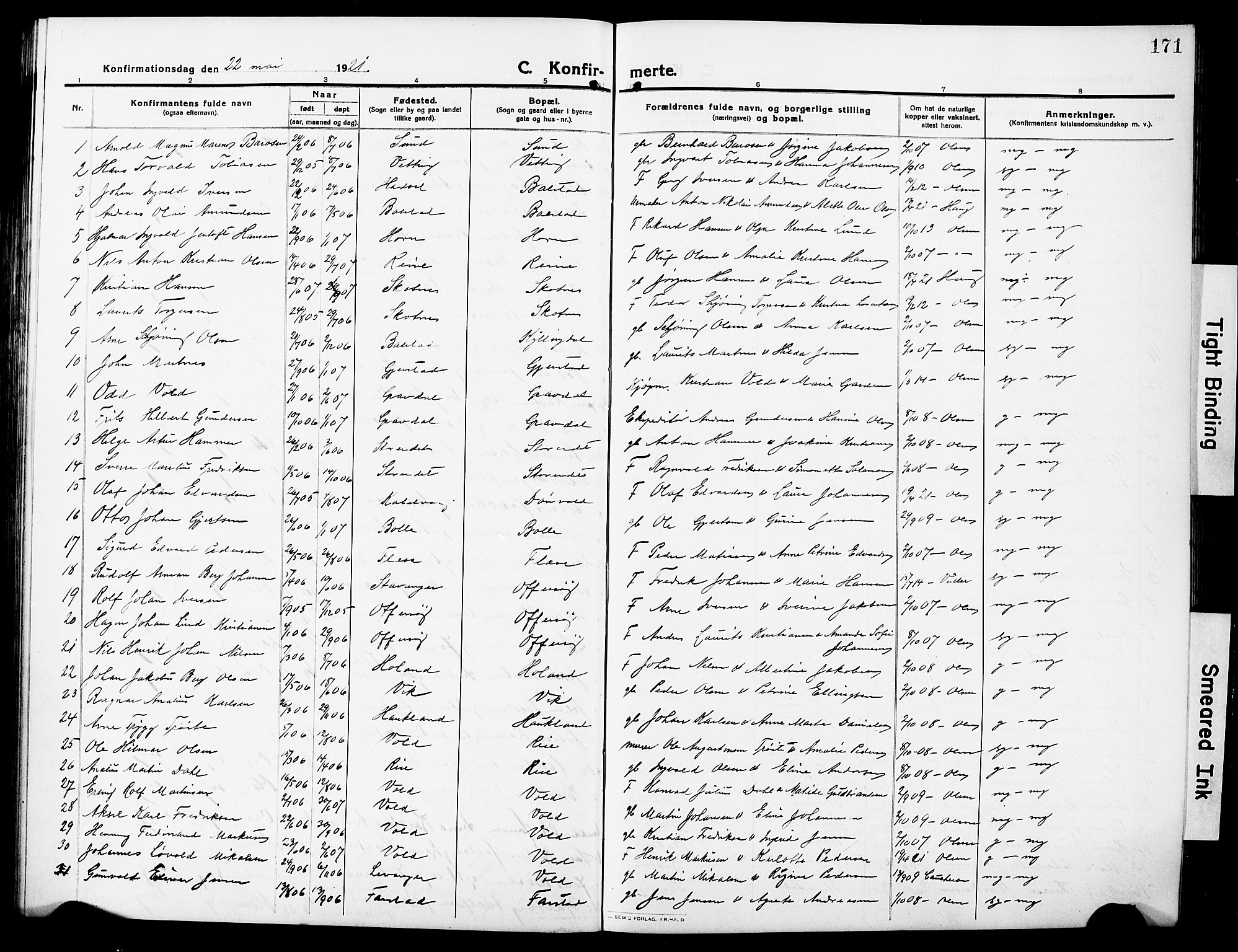 Ministerialprotokoller, klokkerbøker og fødselsregistre - Nordland, SAT/A-1459/881/L1169: Parish register (copy) no. 881C06, 1912-1930, p. 171