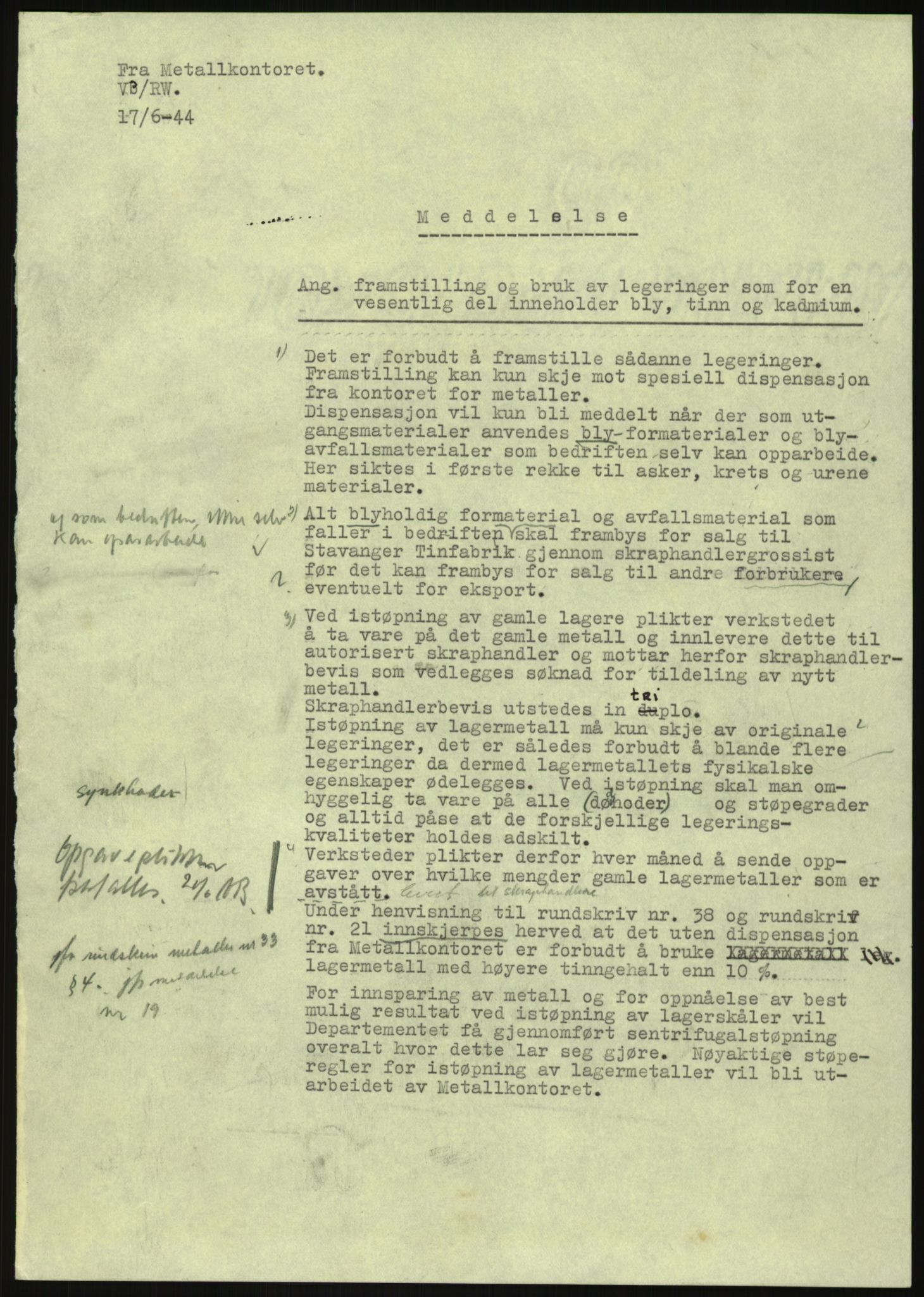Direktoratet for industriforsyning, Sekretariatet, AV/RA-S-4153/D/Df/L0054: 9. Metallkontoret, 1940-1945, p. 1791