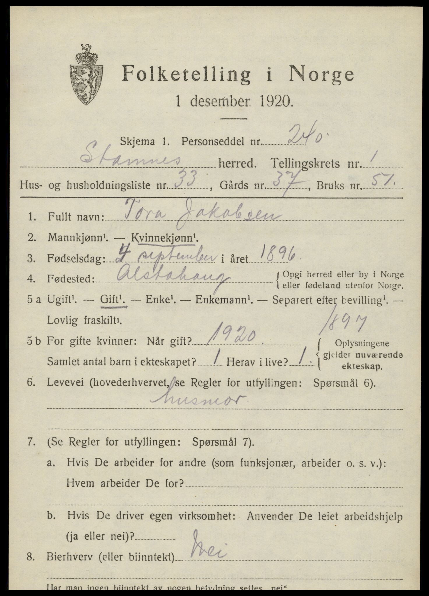 SAT, 1920 census for Stamnes, 1920, p. 1046