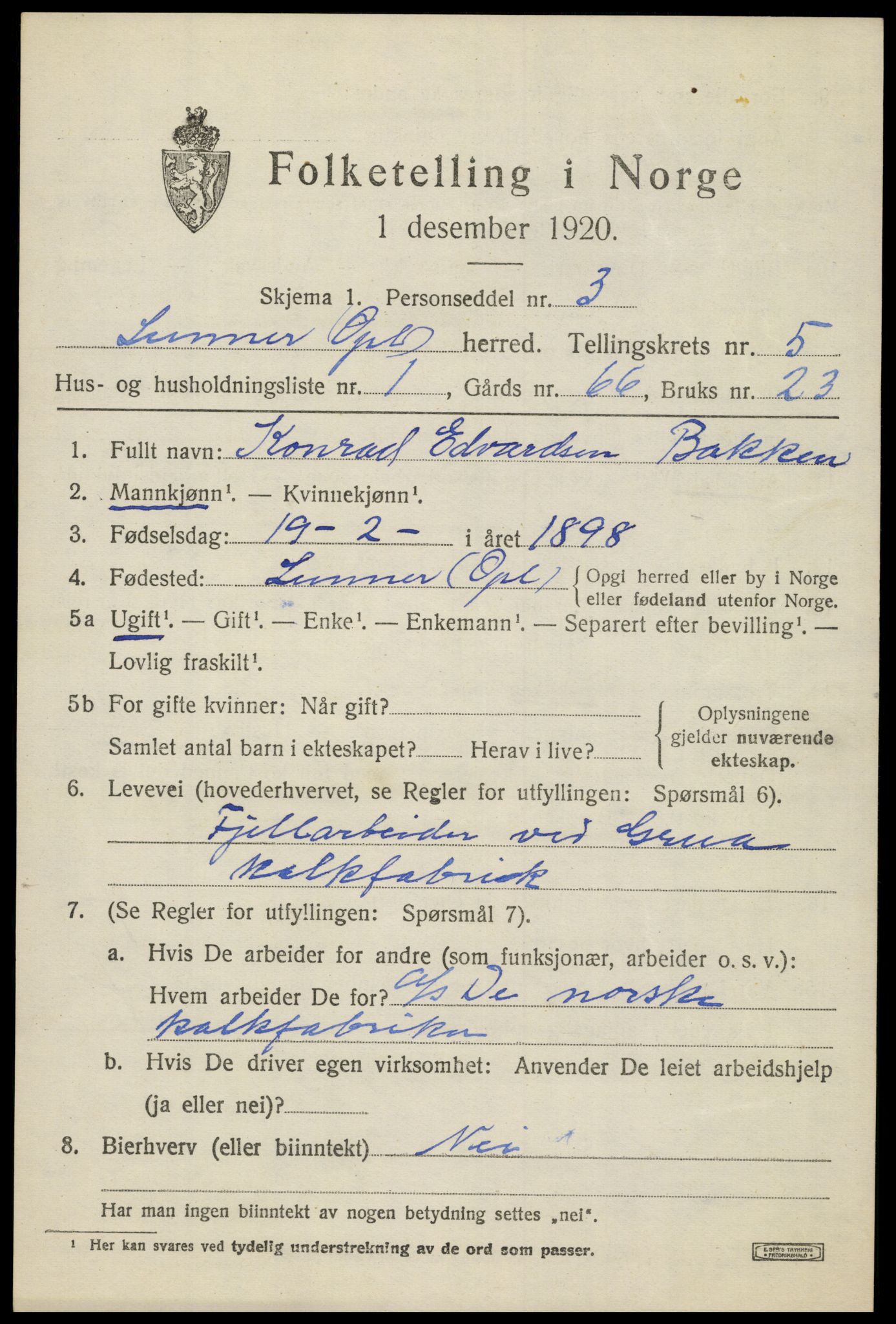 SAH, 1920 census for Lunner, 1920, p. 6919