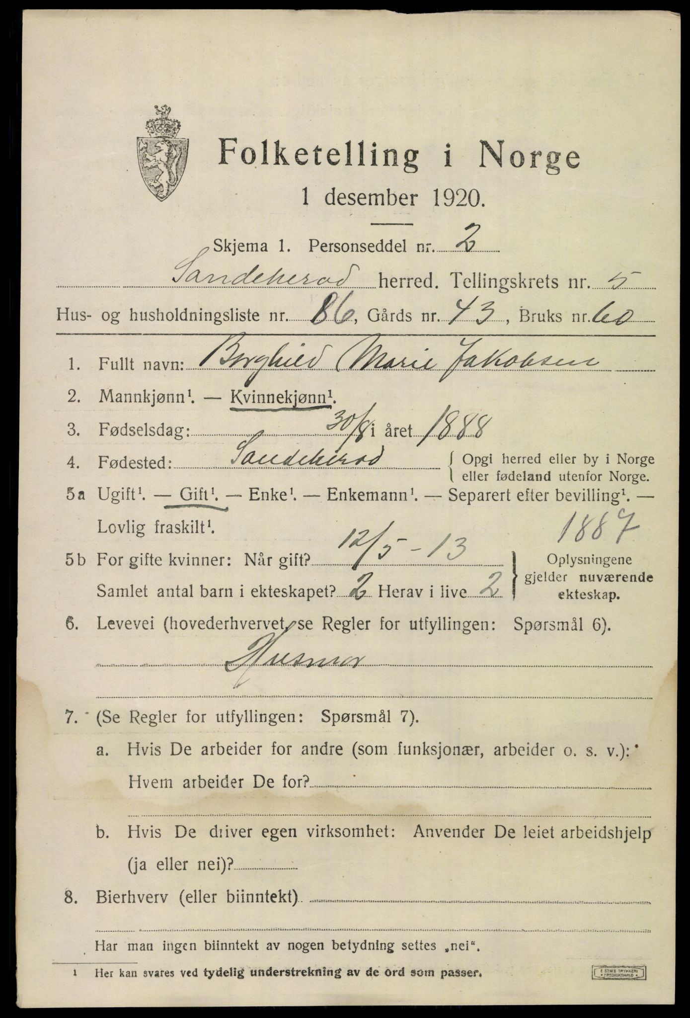 SAKO, 1920 census for Sandeherred, 1920, p. 9218