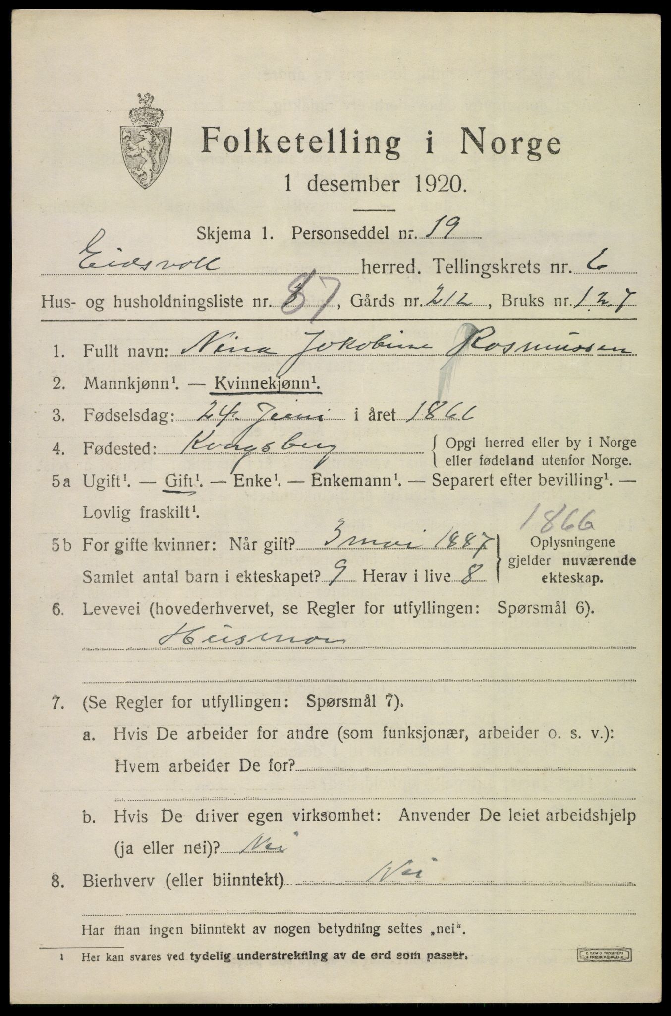 SAO, 1920 census for Eidsvoll, 1920, p. 11731