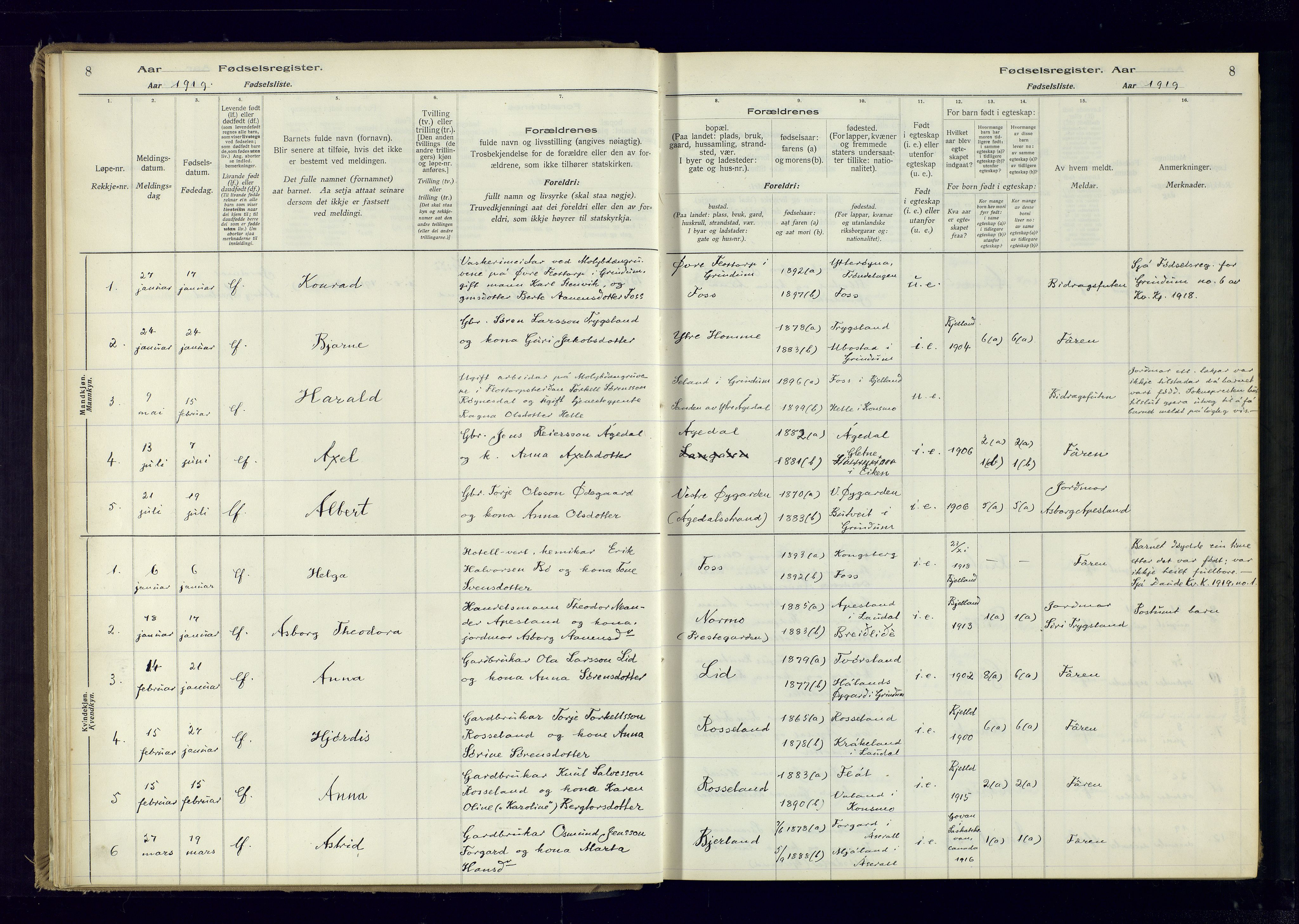 Bjelland sokneprestkontor, AV/SAK-1111-0005/J/Ja/L0001: Birth register no. II.4.2, 1916-1982, p. 8