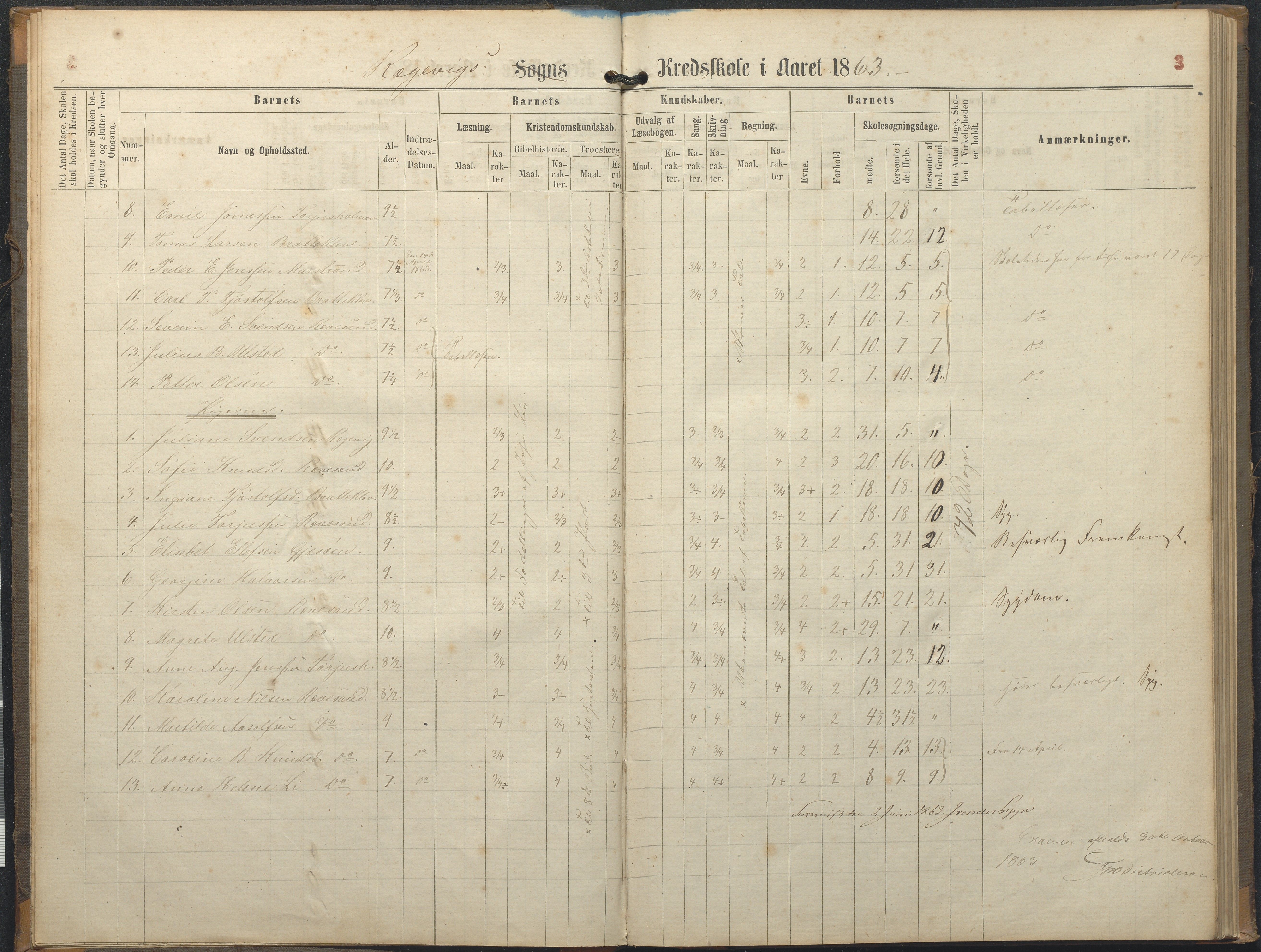 Tromøy kommune frem til 1971, AAKS/KA0921-PK/04/L0064: Rægevik - Karakterprotokoll, 1863-1886, p. 3