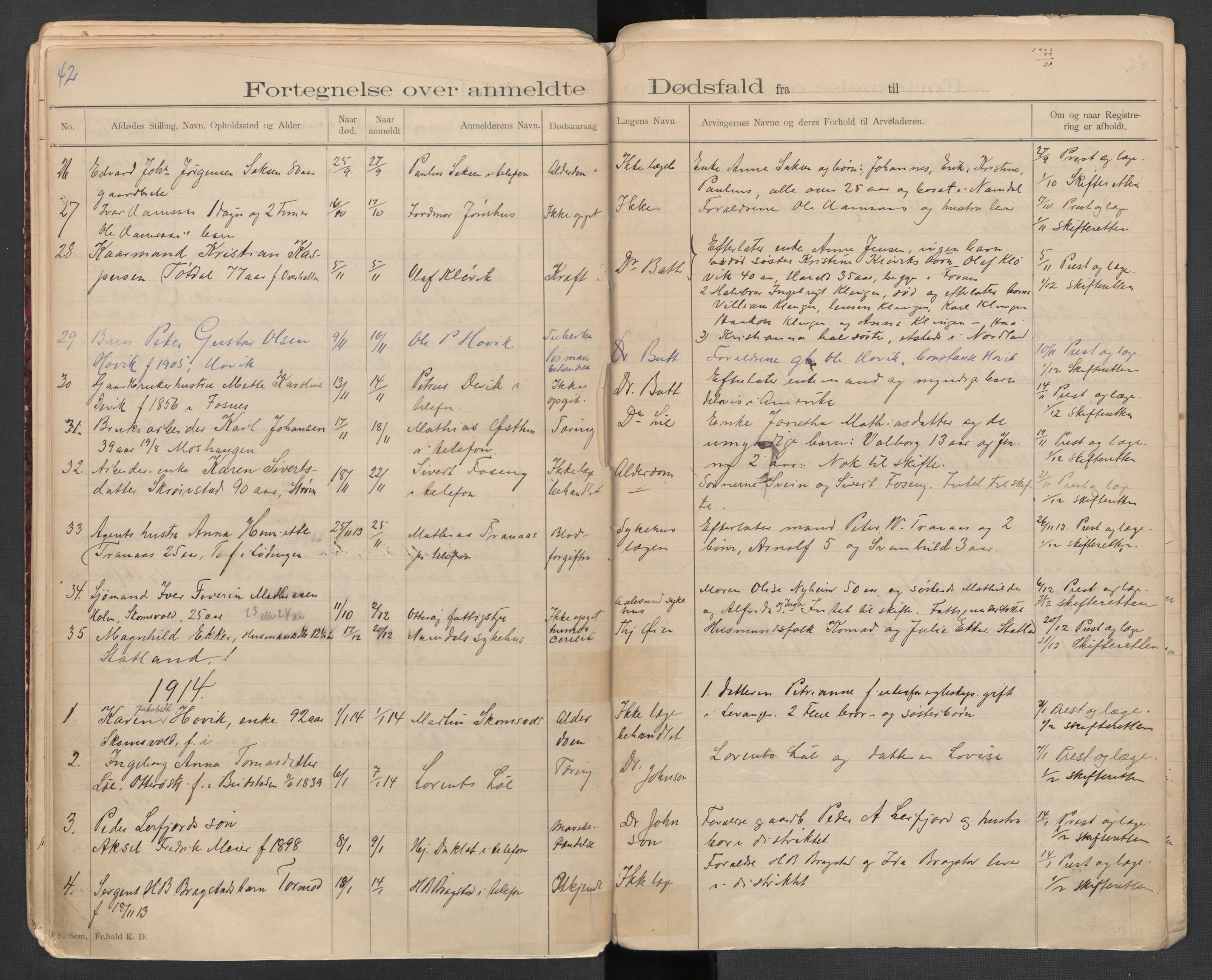 Fosnes lensmannskontor , SAT/A-1022/1/02/L0002: 2.01.02 Døsfallsjournal, 1897-1917, p. 42