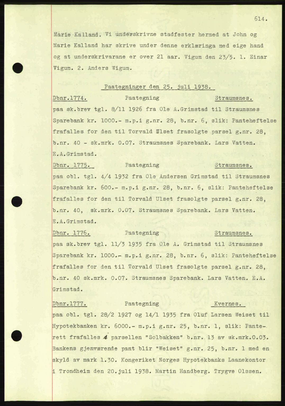 Nordmøre sorenskriveri, AV/SAT-A-4132/1/2/2Ca: Mortgage book no. C80, 1936-1939, Diary no: : 1774/1938