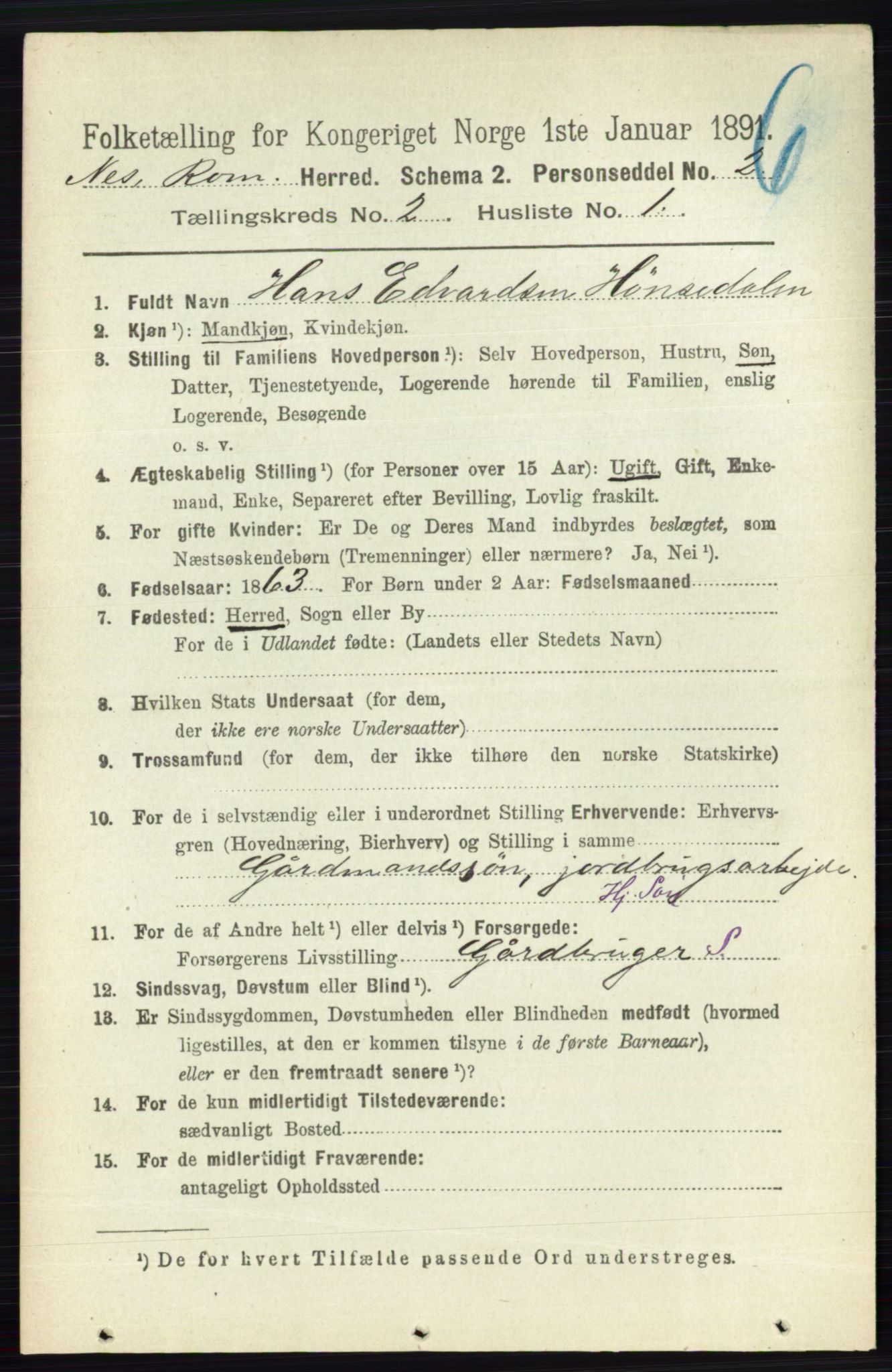 RA, 1891 census for 0236 Nes, 1891, p. 940