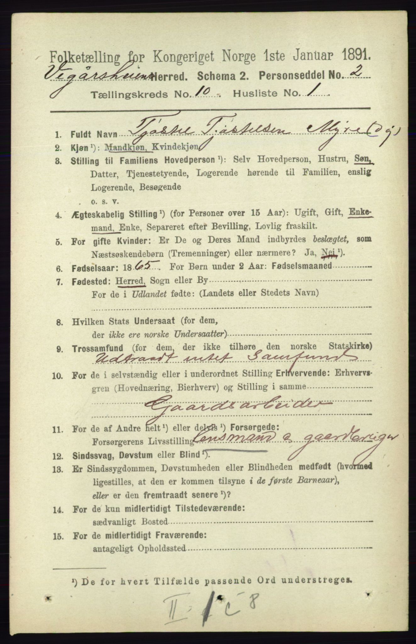 RA, 1891 census for 0912 Vegårshei, 1891, p. 1909