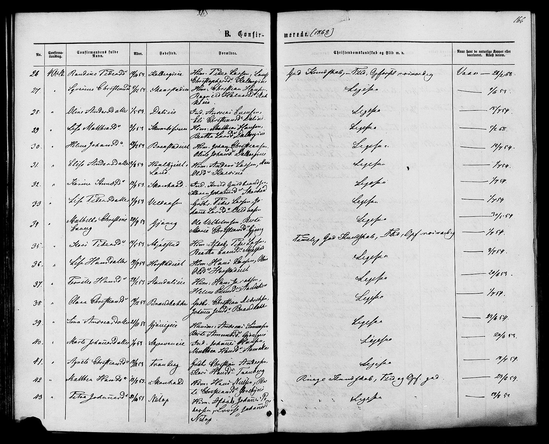 Vardal prestekontor, SAH/PREST-100/H/Ha/Haa/L0007: Parish register (official) no. 7, 1867-1878, p. 166