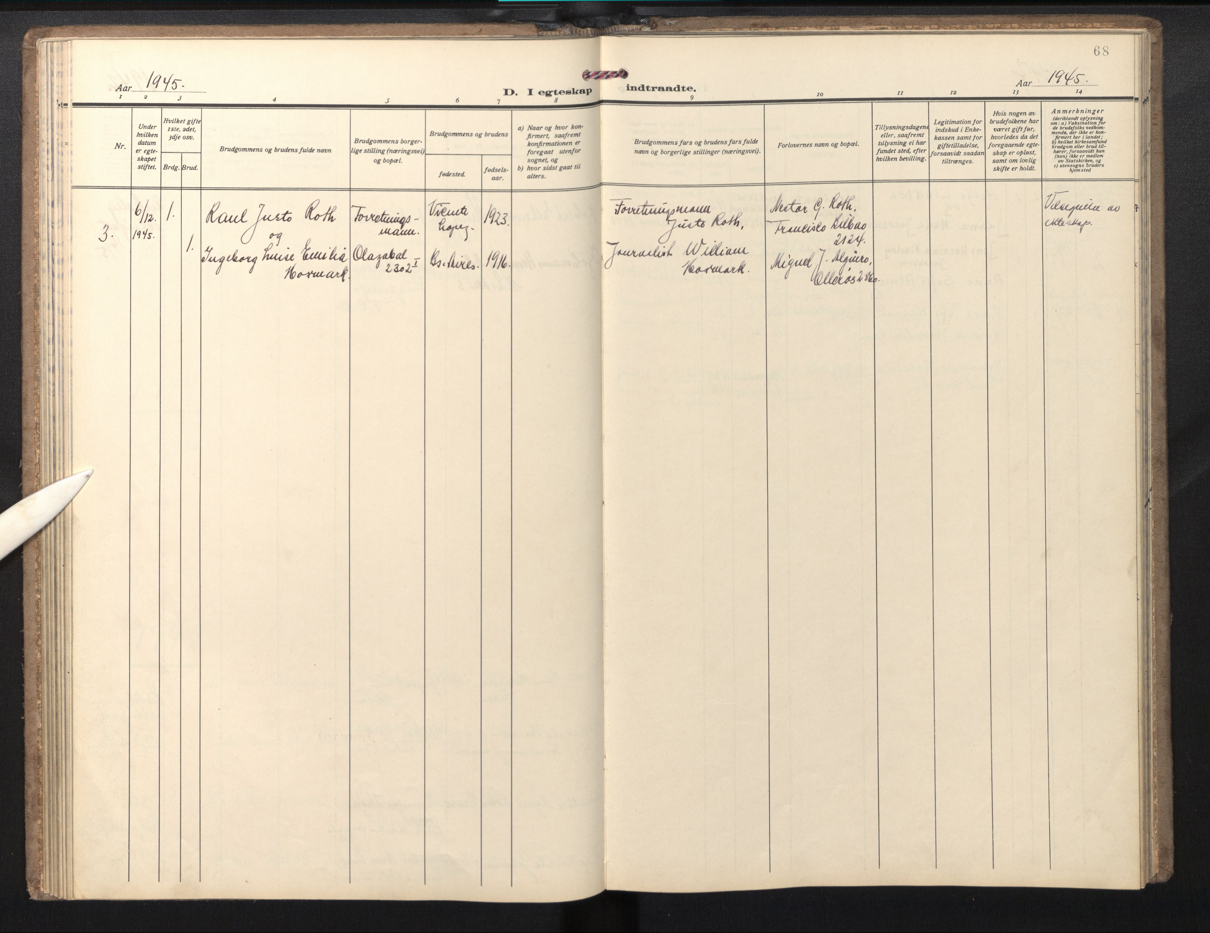 Den norske sjømannsmisjon i utlandet/Syd-Amerika (Buenos Aires m.fl.), SAB/SAB/PA-0118/H/Ha/L0004: Parish register (official) no. A 4, 1938-1978, p. 67b-68a