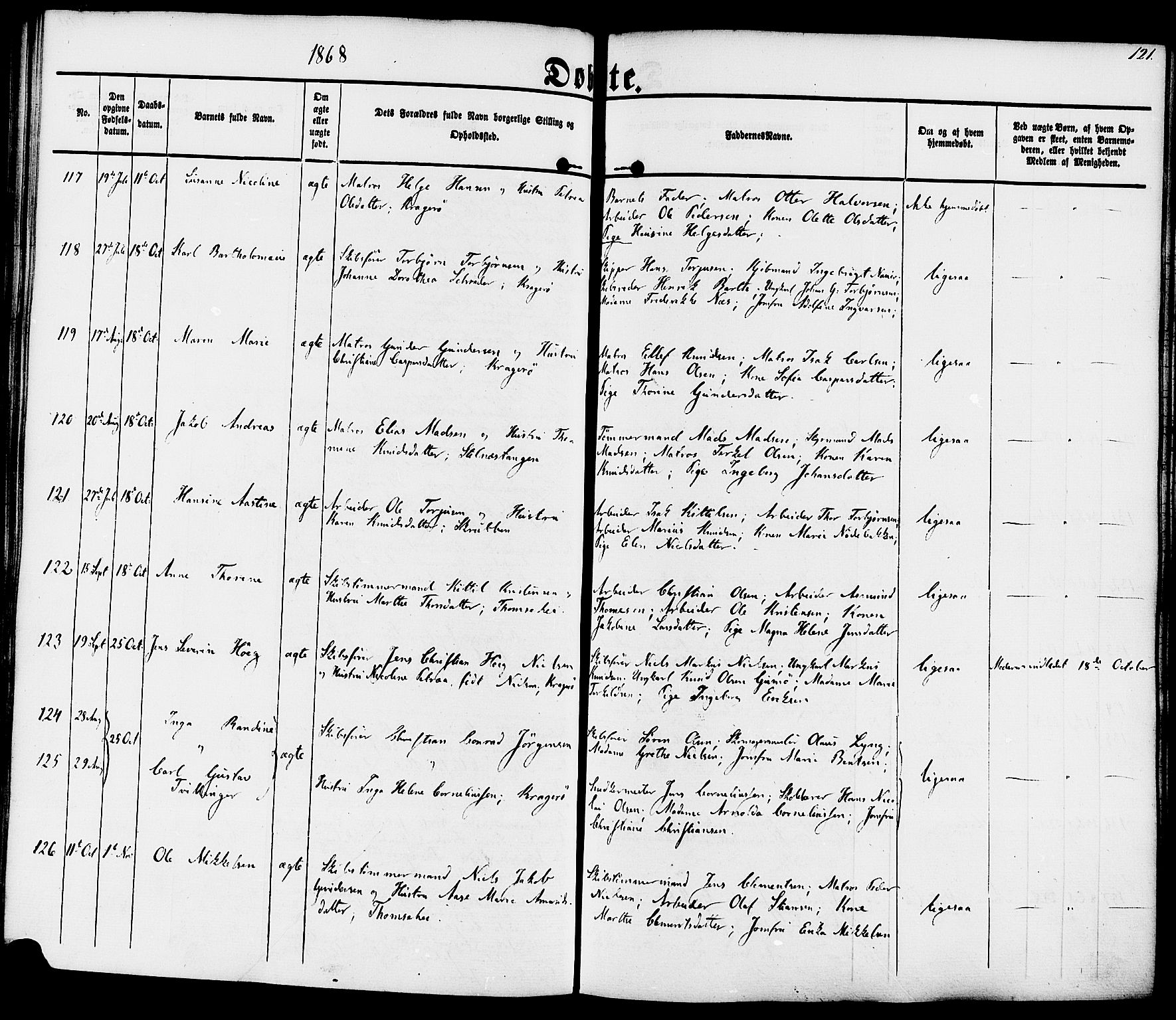 Kragerø kirkebøker, AV/SAKO-A-278/F/Fa/L0007: Parish register (official) no. 7, 1861-1875, p. 121