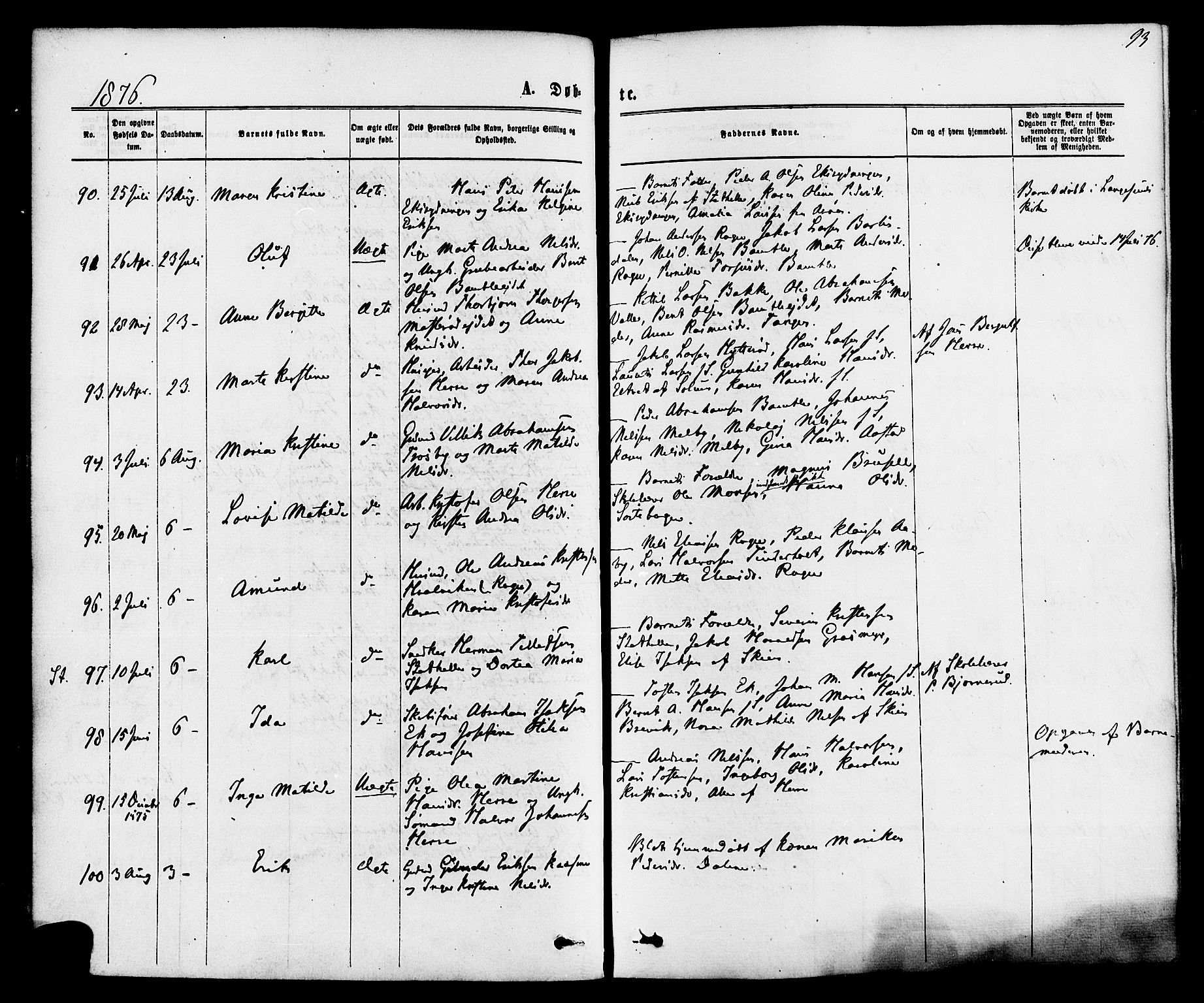 Bamble kirkebøker, SAKO/A-253/F/Fa/L0006: Parish register (official) no. I 6, 1869-1877, p. 93