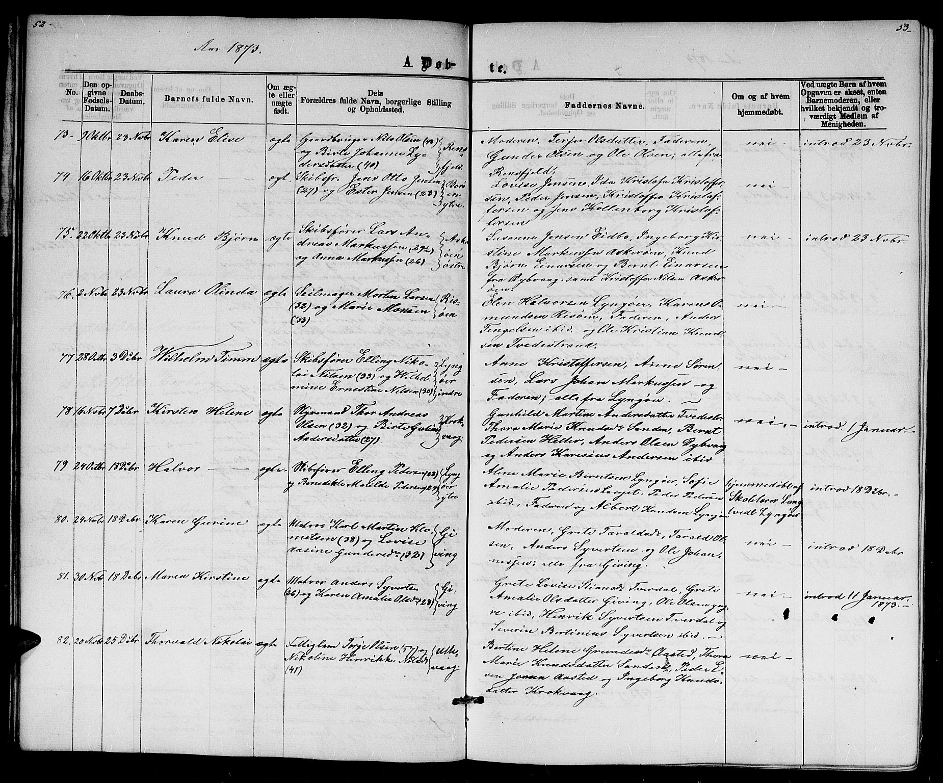 Dypvåg sokneprestkontor, AV/SAK-1111-0007/F/Fb/Fba/L0012: Parish register (copy) no. B 12, 1872-1886, p. 52-53