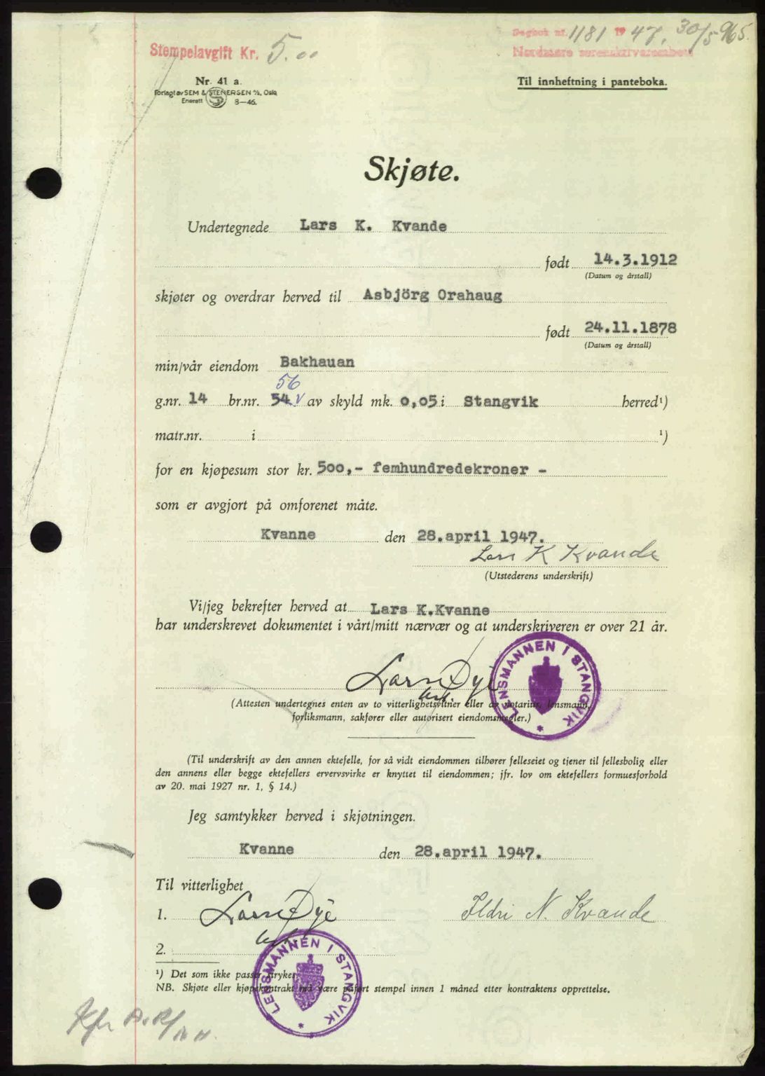 Nordmøre sorenskriveri, AV/SAT-A-4132/1/2/2Ca: Mortgage book no. A104, 1947-1947, Diary no: : 1181/1947
