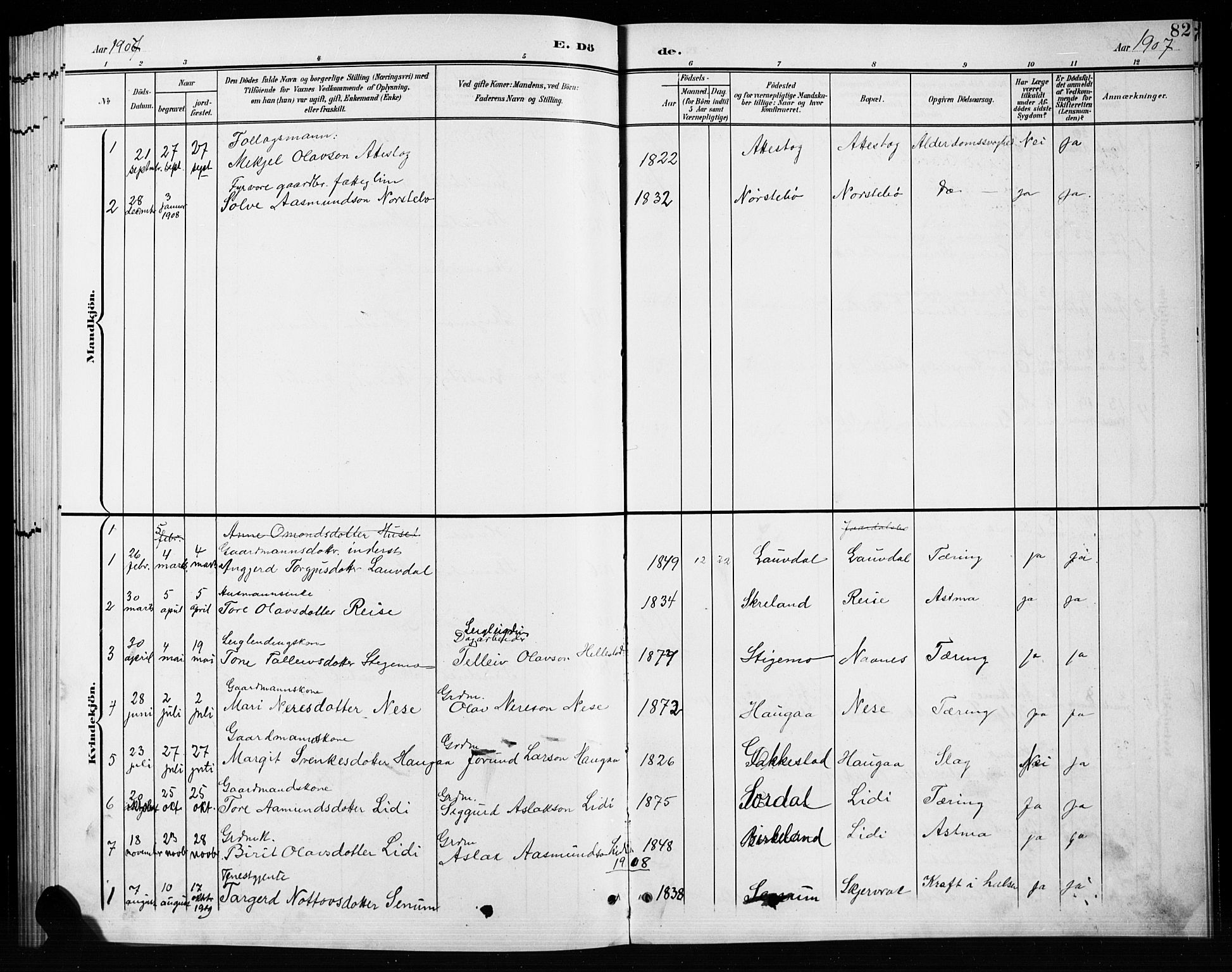 Bygland sokneprestkontor, SAK/1111-0006/F/Fb/Fbb/L0004: Parish register (copy) no. B 4, 1902-1920, p. 82