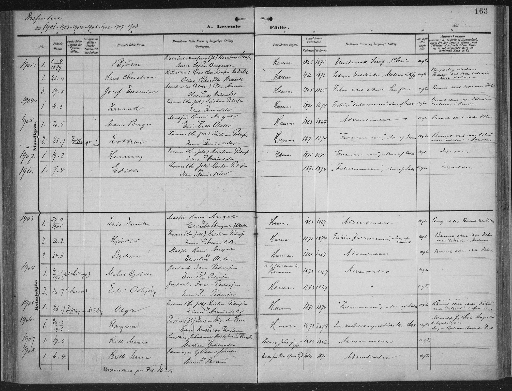 Hamar prestekontor, AV/SAH-DOMPH-002/H/Ha/Haa/L0001: Parish register (official) no. 1, 1900-1914, p. 163