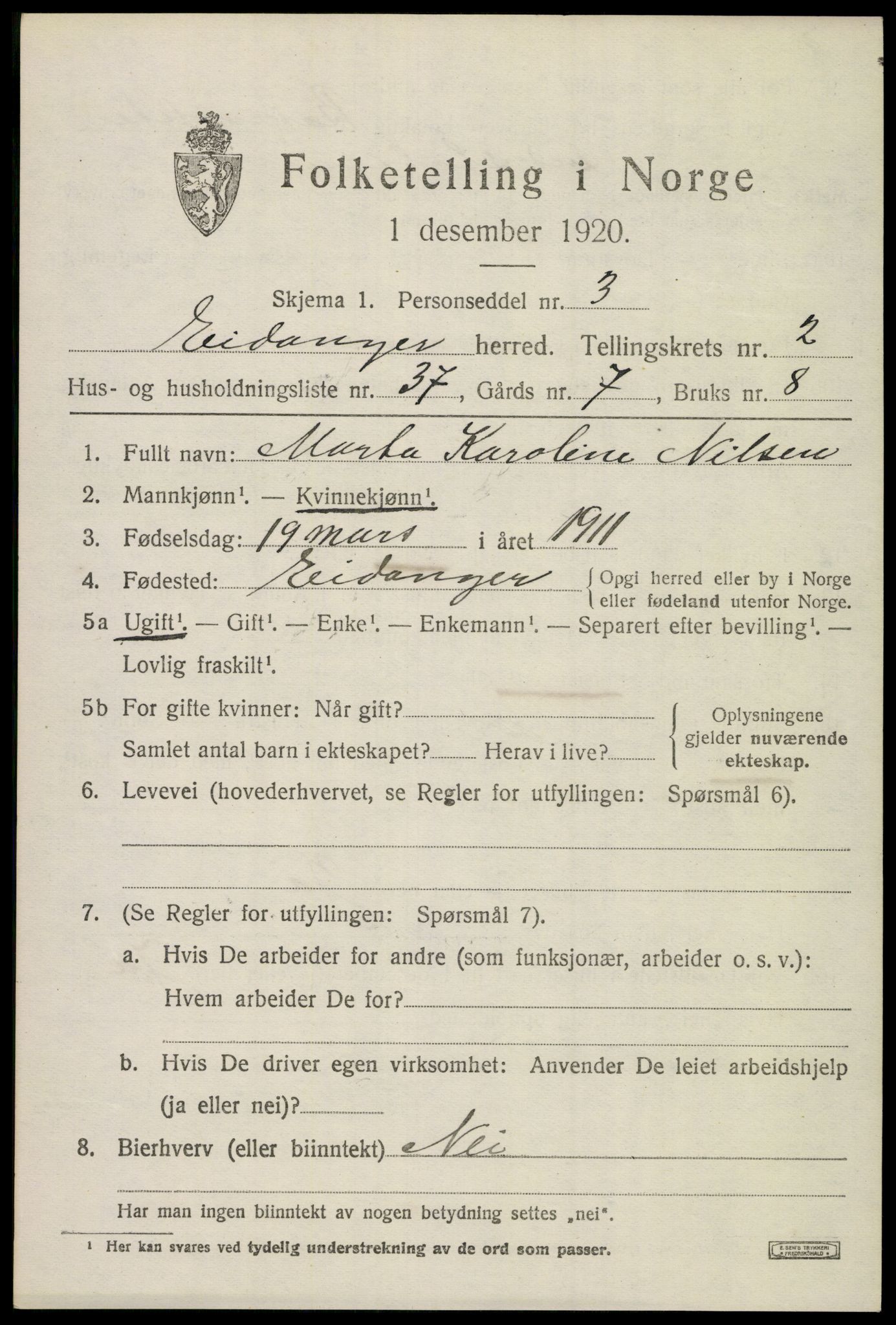 SAKO, 1920 census for Eidanger, 1920, p. 3352