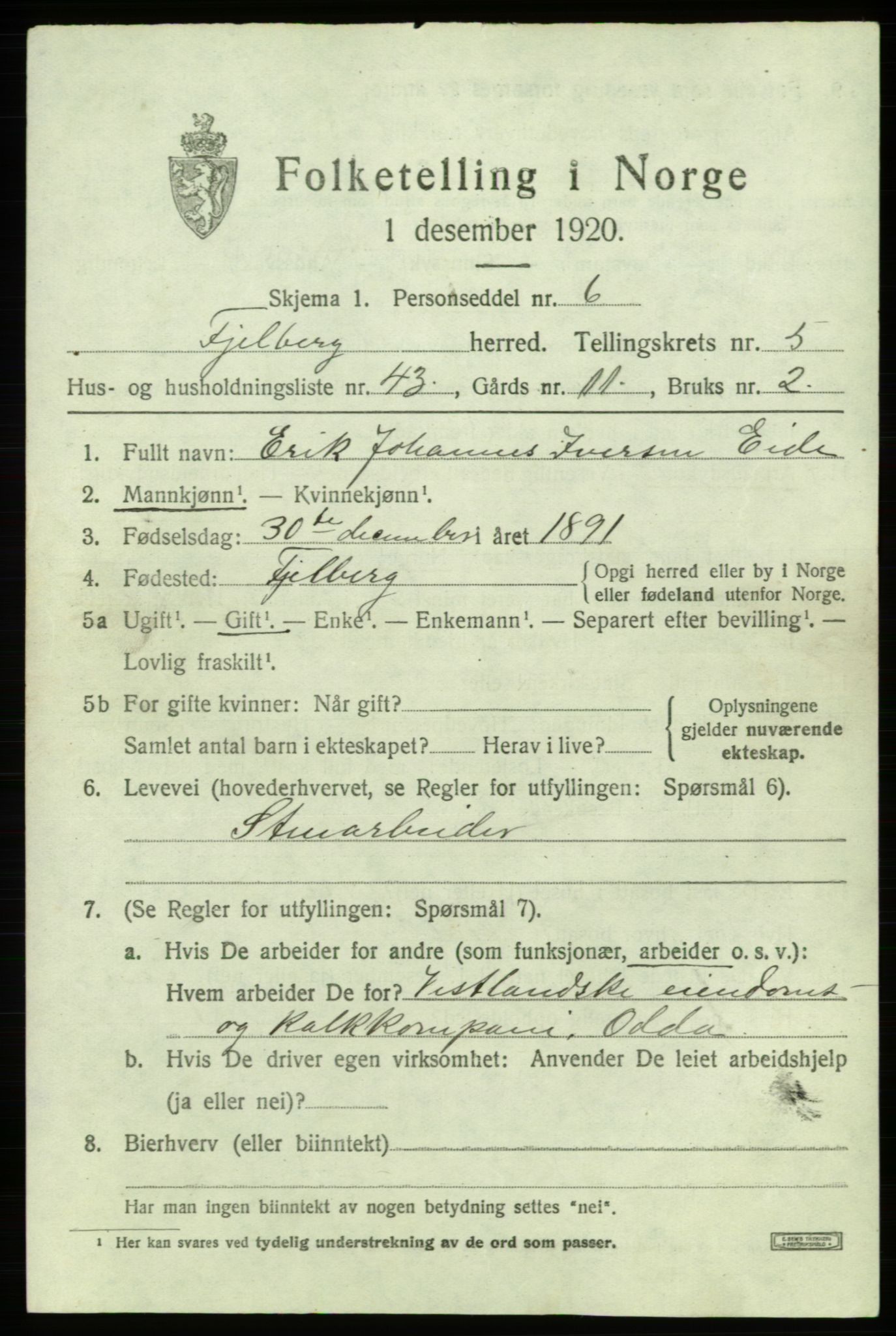 SAB, 1920 census for Fjelberg, 1920, p. 2175