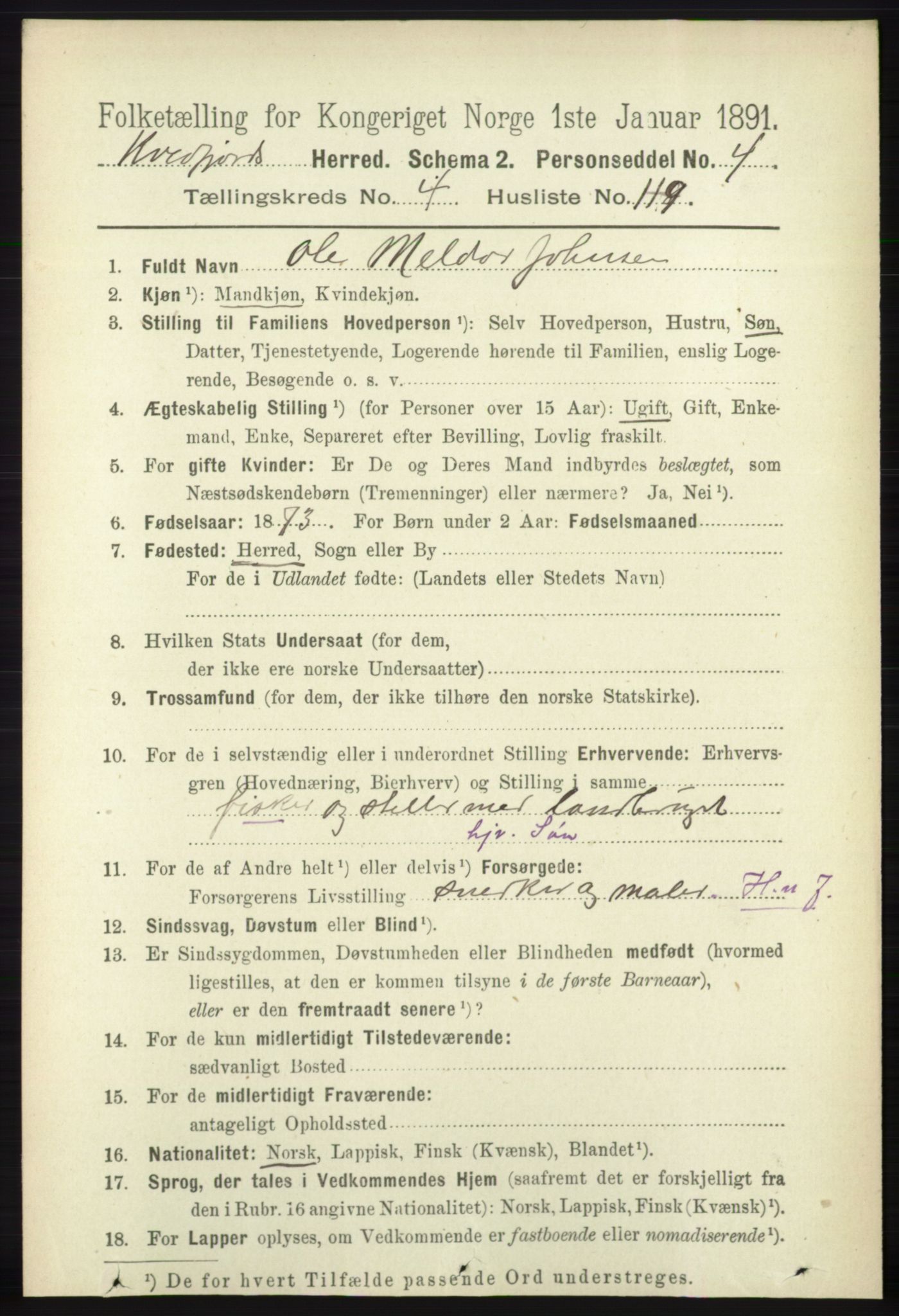 RA, 1891 census for 1911 Kvæfjord, 1891, p. 2655