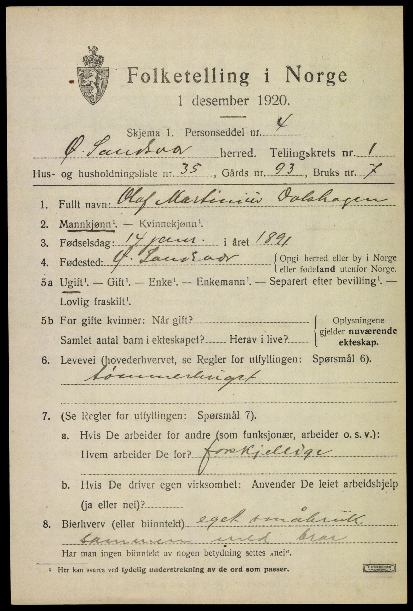 SAKO, 1920 census for Øvre Sandsvær, 1920, p. 1362