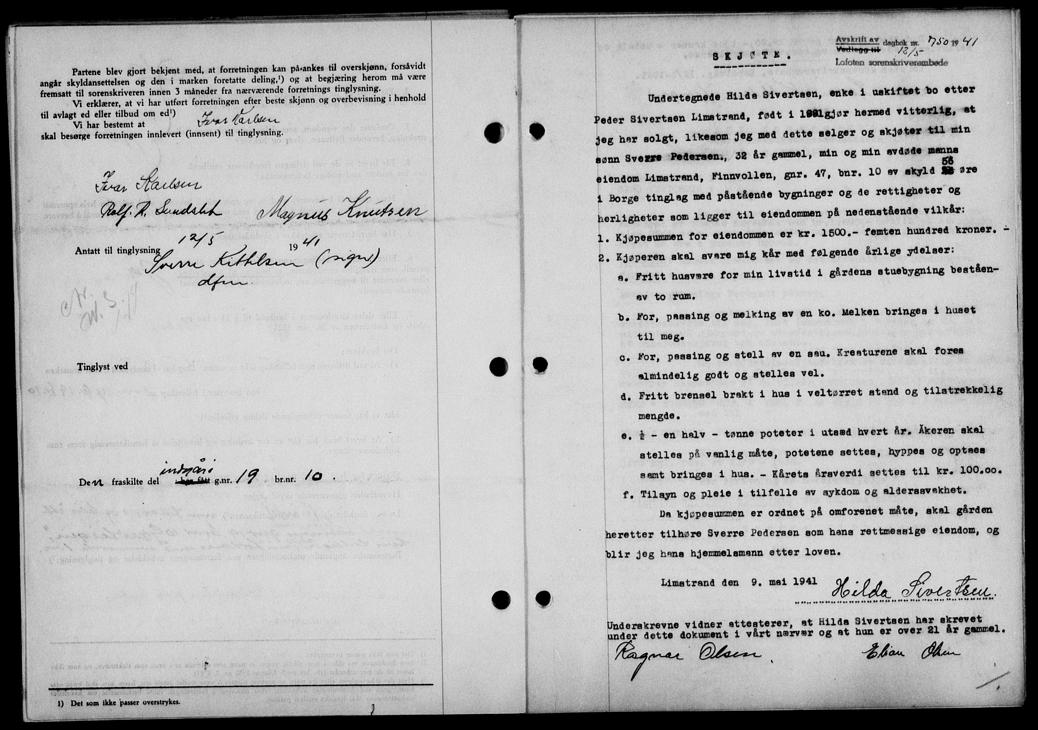 Lofoten sorenskriveri, SAT/A-0017/1/2/2C/L0008a: Mortgage book no. 8a, 1940-1941, Diary no: : 750/1941