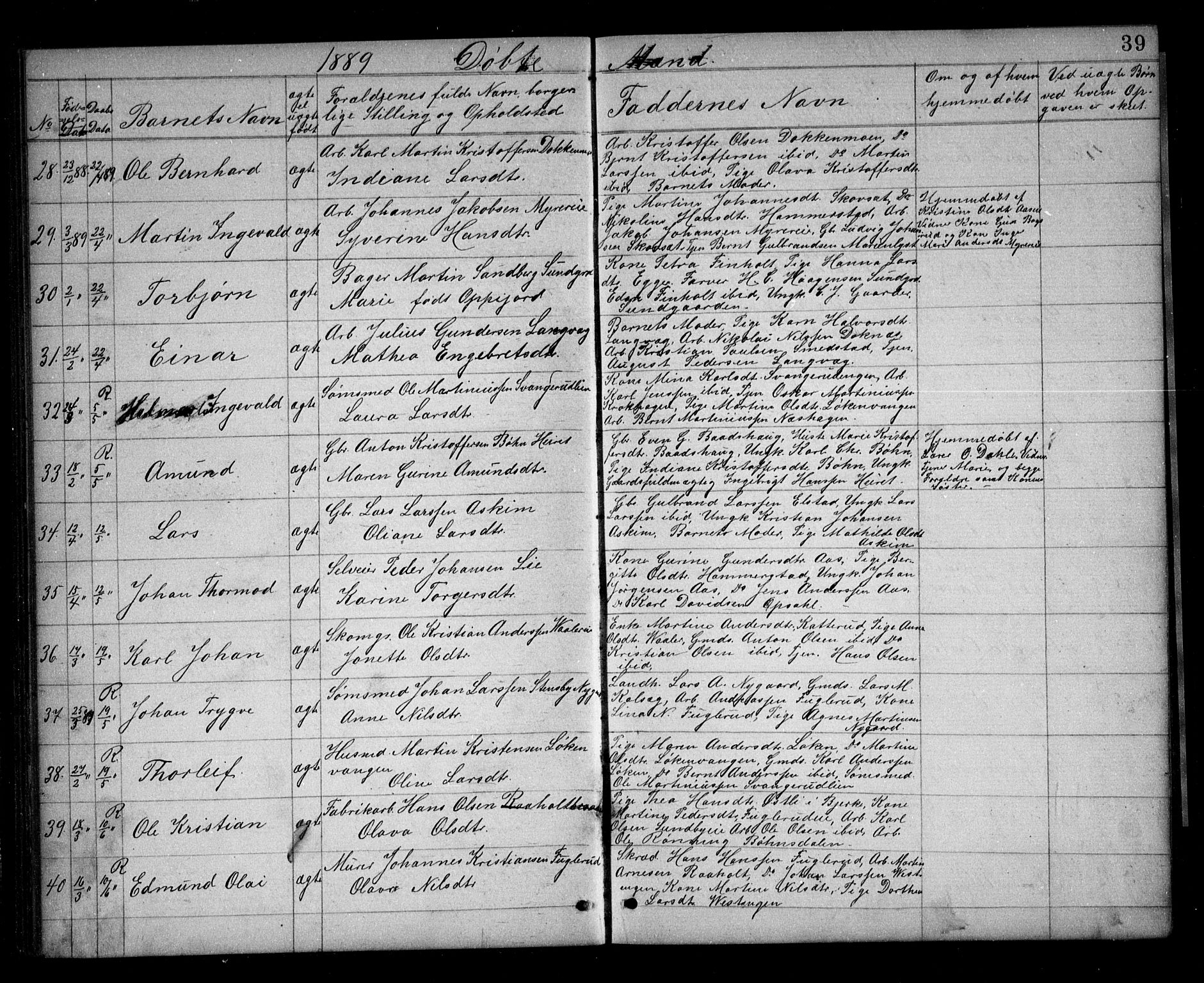 Eidsvoll prestekontor Kirkebøker, AV/SAO-A-10888/G/Ga/L0005: Parish register (copy) no. I 5, 1884-1894, p. 39