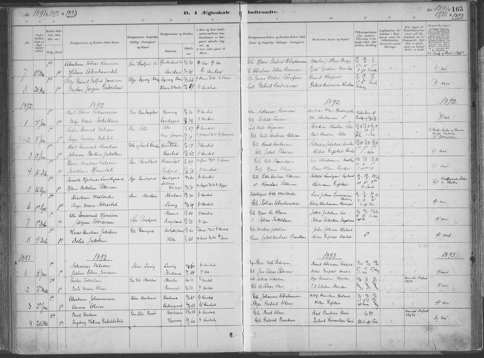 Lyngdal sokneprestkontor, SAK/1111-0029/F/Fa/Faa/L0004: Parish register (official) no. A 4, 1883-1904, p. 165