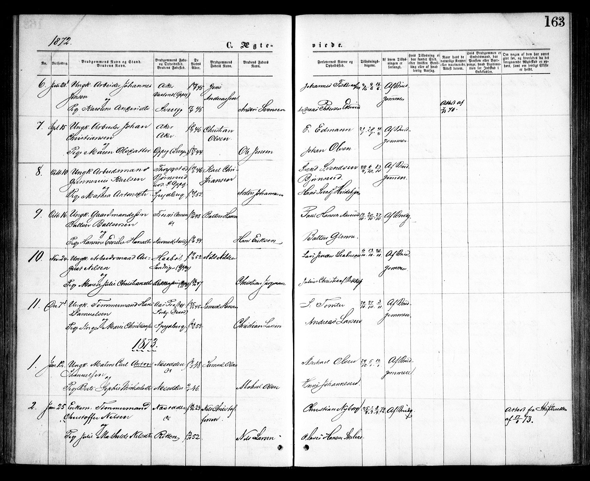 Nesodden prestekontor Kirkebøker, SAO/A-10013/F/Fa/L0008: Parish register (official) no. I 8, 1869-1879, p. 163