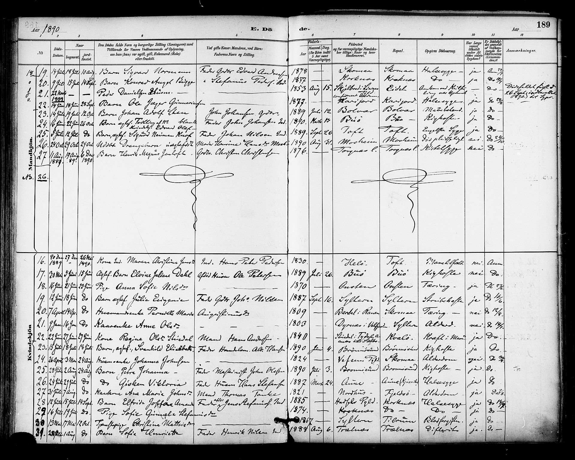 Ministerialprotokoller, klokkerbøker og fødselsregistre - Nordland, AV/SAT-A-1459/813/L0200: Parish register (official) no. 813A10, 1886-1900, p. 189