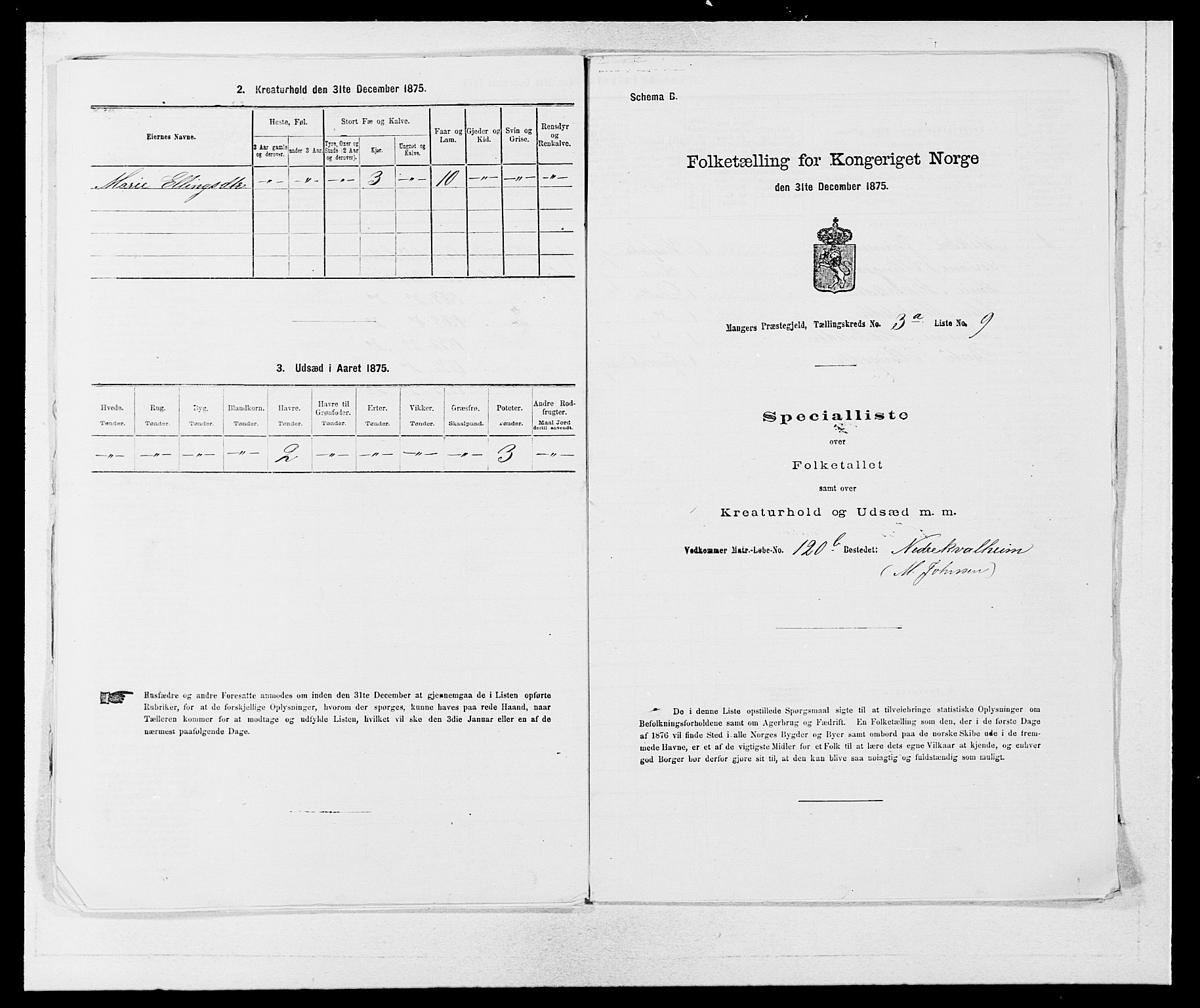 SAB, 1875 census for 1261P Manger, 1875, p. 395